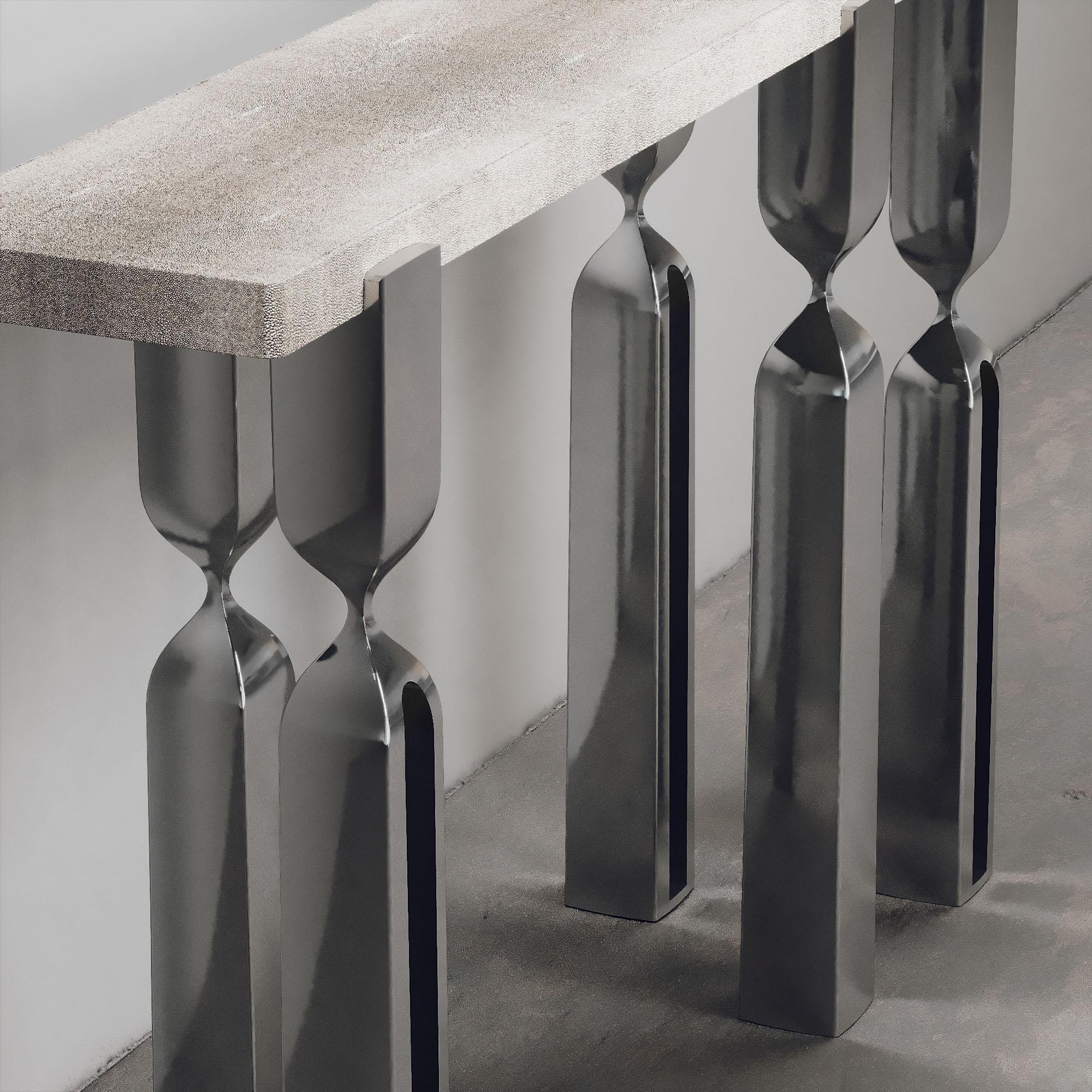 Contemporary Shagreen Console with Polished Steel Legs by Kifu Paris For Sale