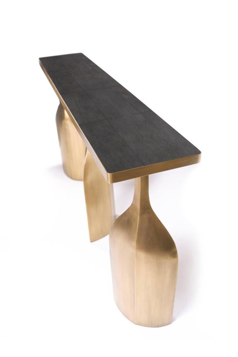Hand-Crafted Shagreen Console with Sculptural Bronze-Patina Brass Legs by Kifu, Paris For Sale