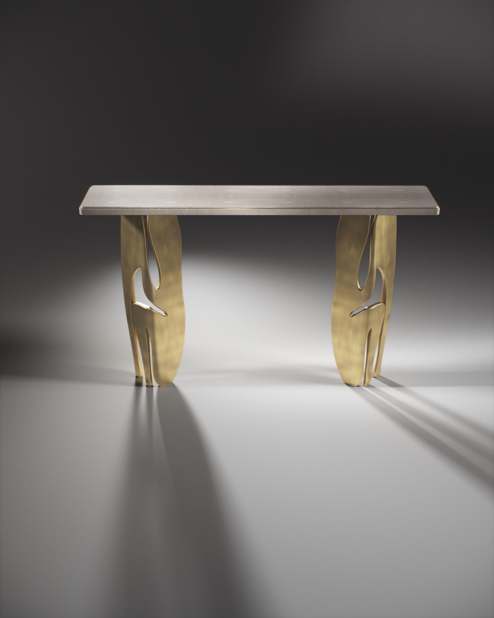 French Shagreen Console with Sculptural Bronze-Patina Brass Legs by R & Y Augousti For Sale