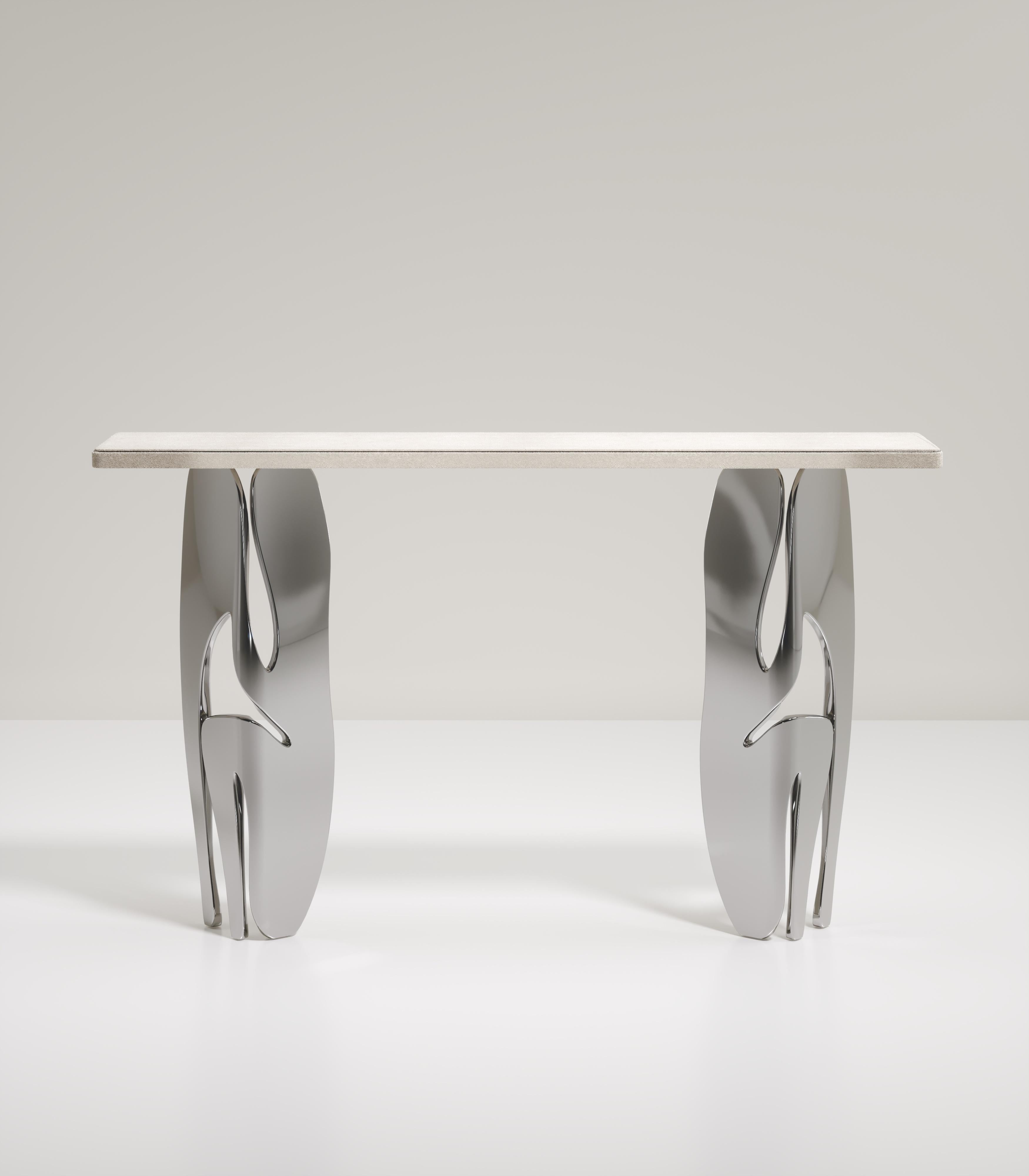 Art Deco Shagreen Console with Sculptural Chrome Finish Steel Legs by R & Y Augousti For Sale