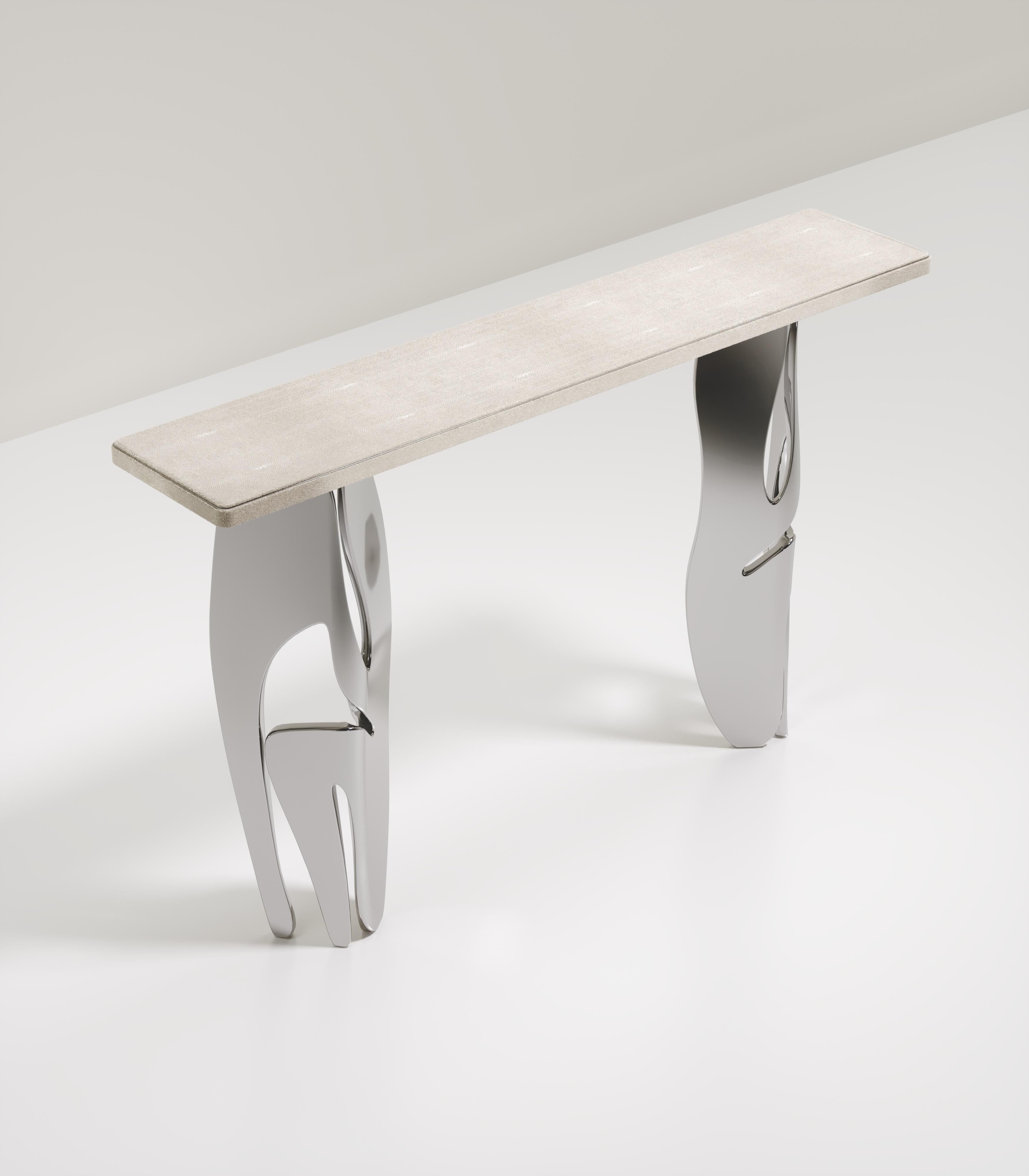 Hand-Crafted Shagreen Console with Sculptural Chrome Finish Steel Legs by R & Y Augousti For Sale