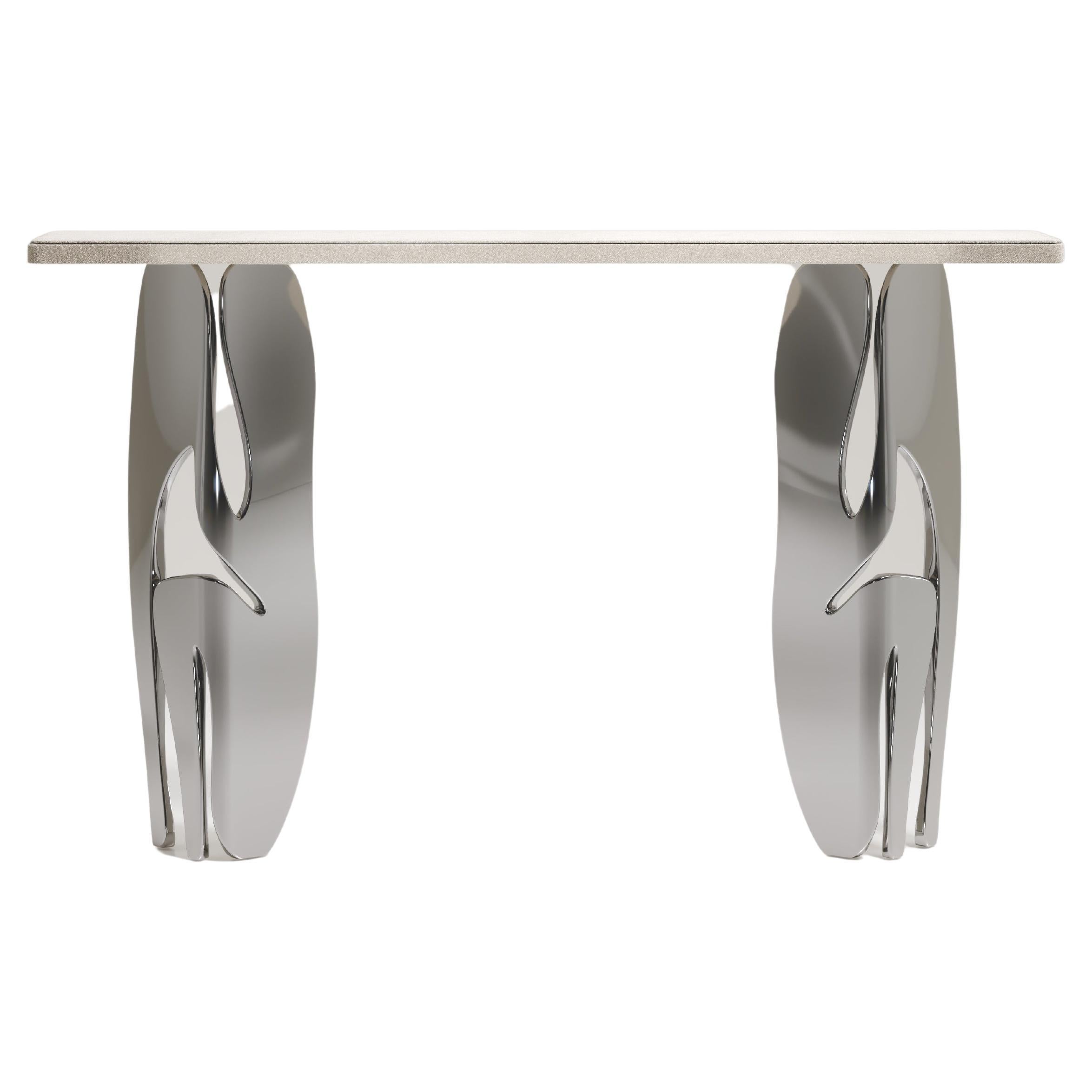 Shagreen Console with Sculptural Chrome Finish Steel Legs by R & Y Augousti For Sale