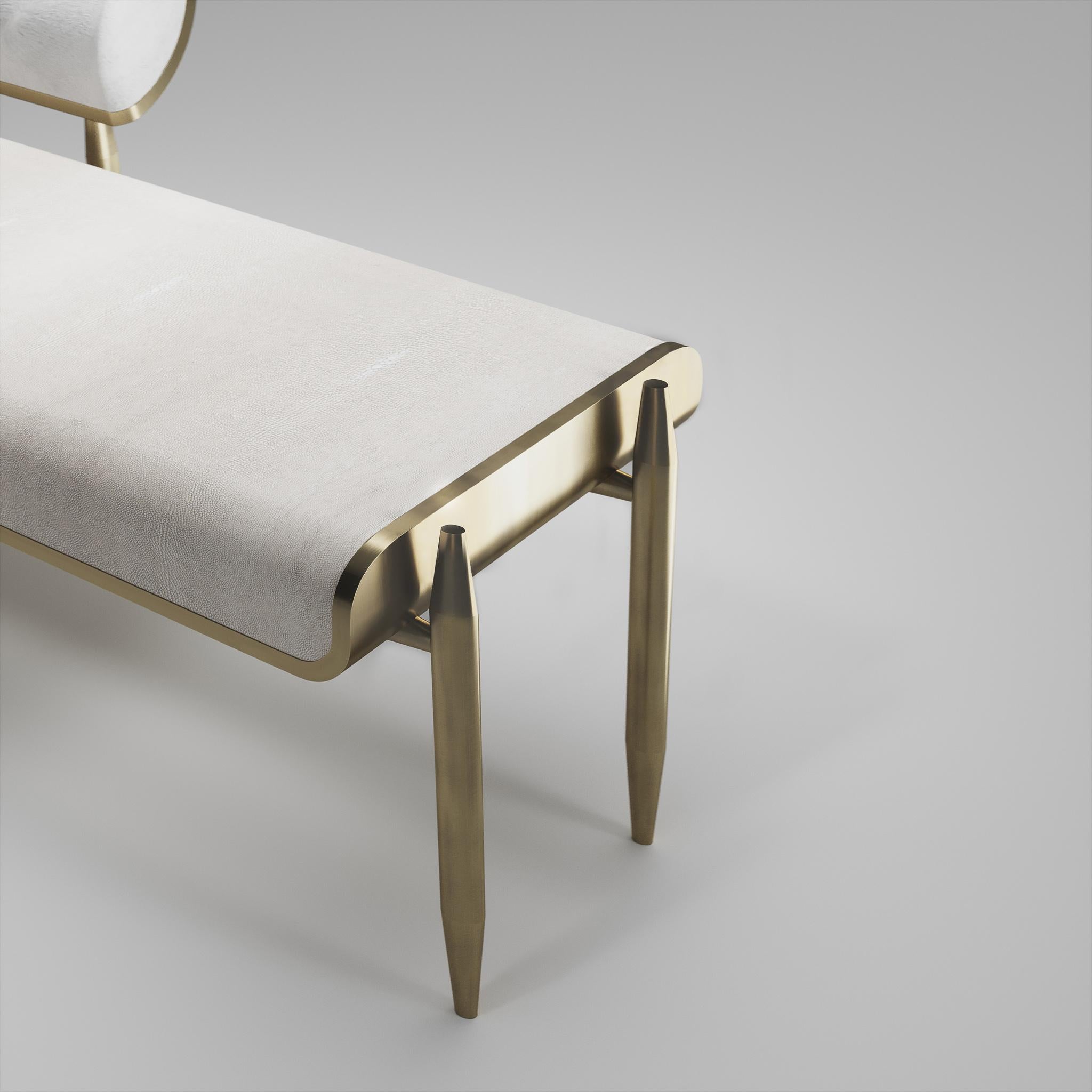 Inspired by the original Dandy bench by Kifu Paris (see images at end of slide), the Dandy II day bed is the ultimate luxury seating. The seating area is inlaid in cream shagreen and the frame, legs and sides of the bench are completely inlaid in