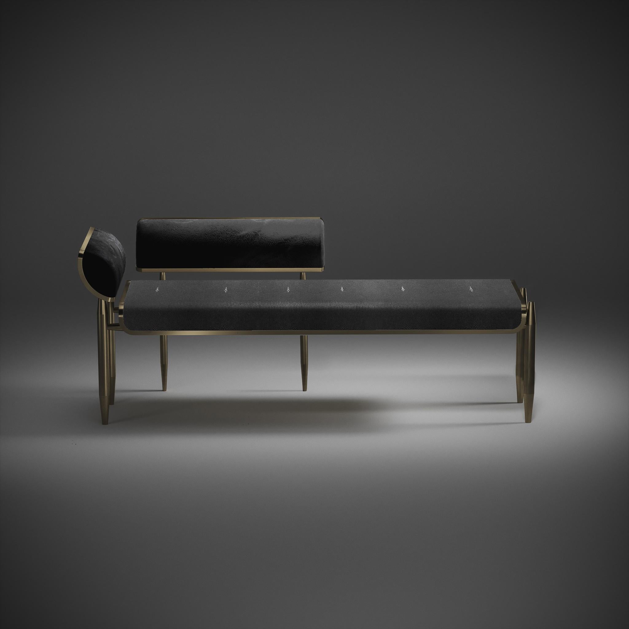 Inspired by the original Dandy bench by Kifu Paris (see images at end of slide), the Dandy II day bed is the ultimate luxury seating. The seating area is inlaid in coal black shagreen and the frame, legs and sides of the bench are completely inlaid