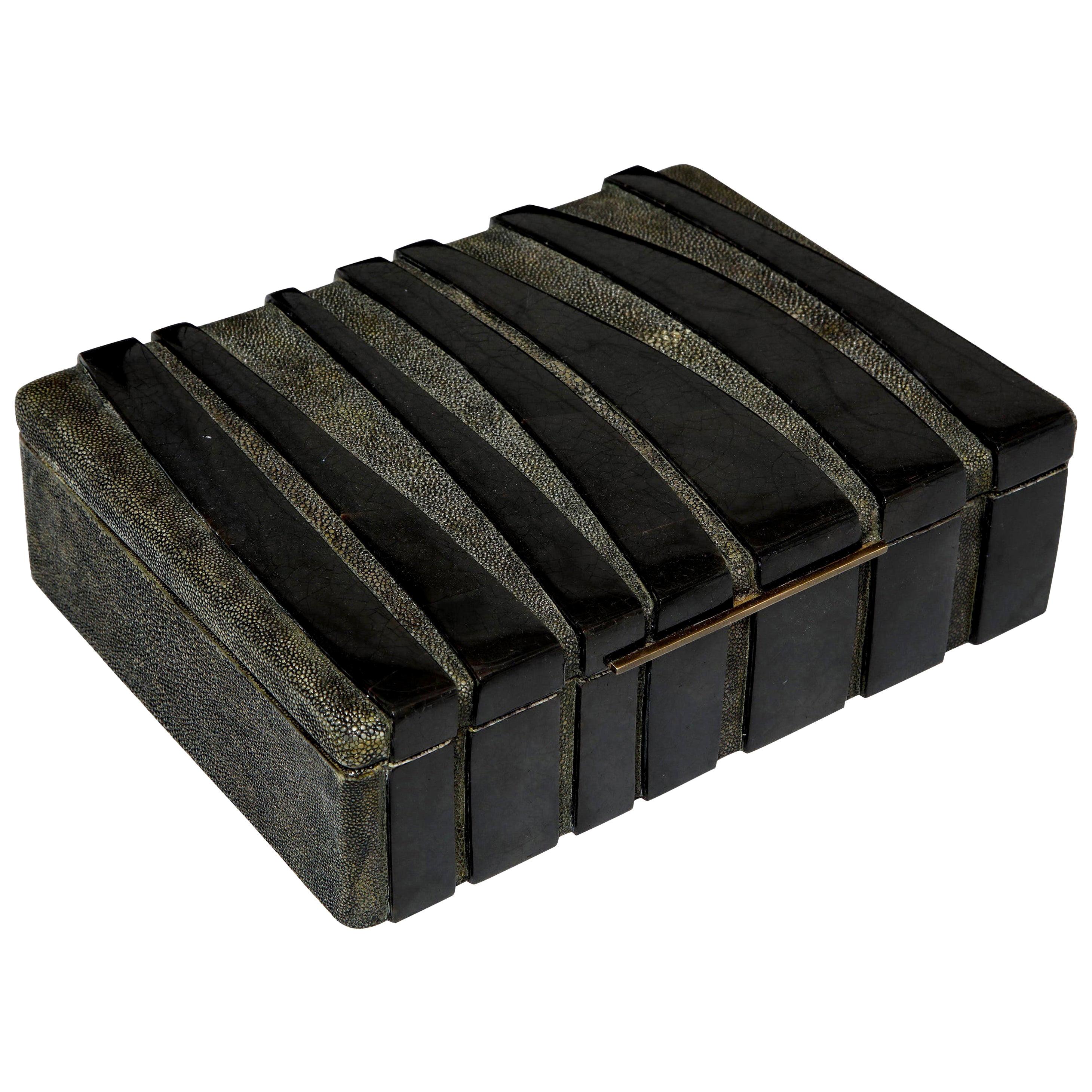 Shagreen Decorative Box, Black Shagreen and Palm Wood Details