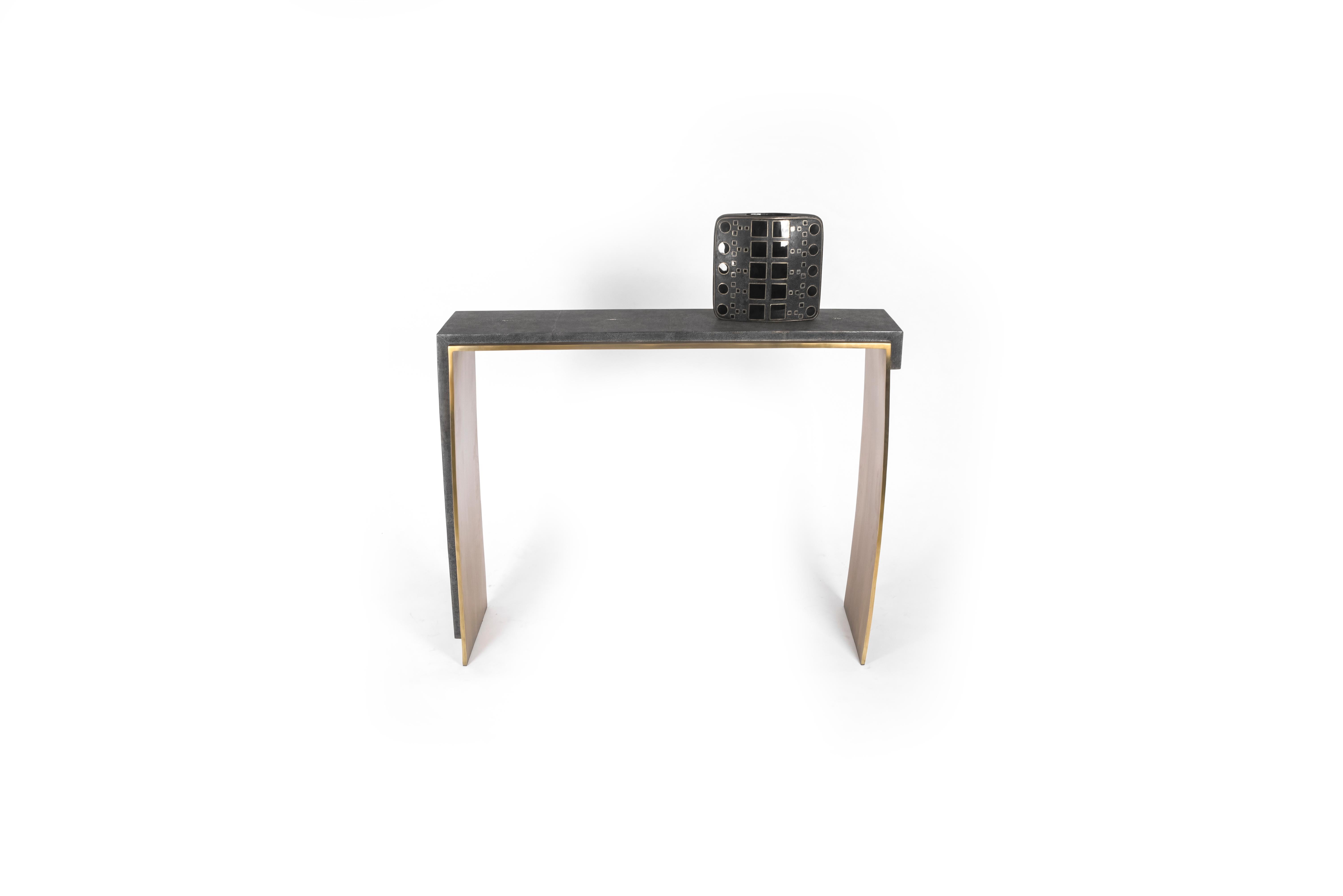 Shagreen Desk & Matching Stool with Bronze-Patina Brass Details by R&Y Augousti For Sale 11