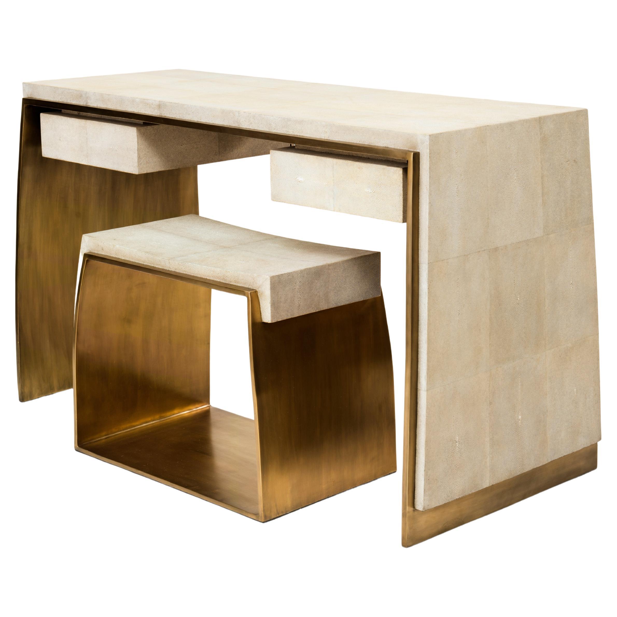 Shagreen Desk & Matching Stool with Bronze-Patina Brass Details by R&Y Augousti