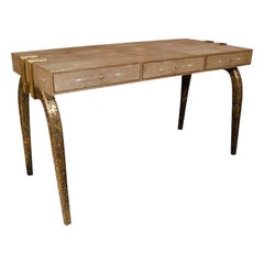Shagreen Desk with Brass Legs, France, Chocolate Color, Three Drawers