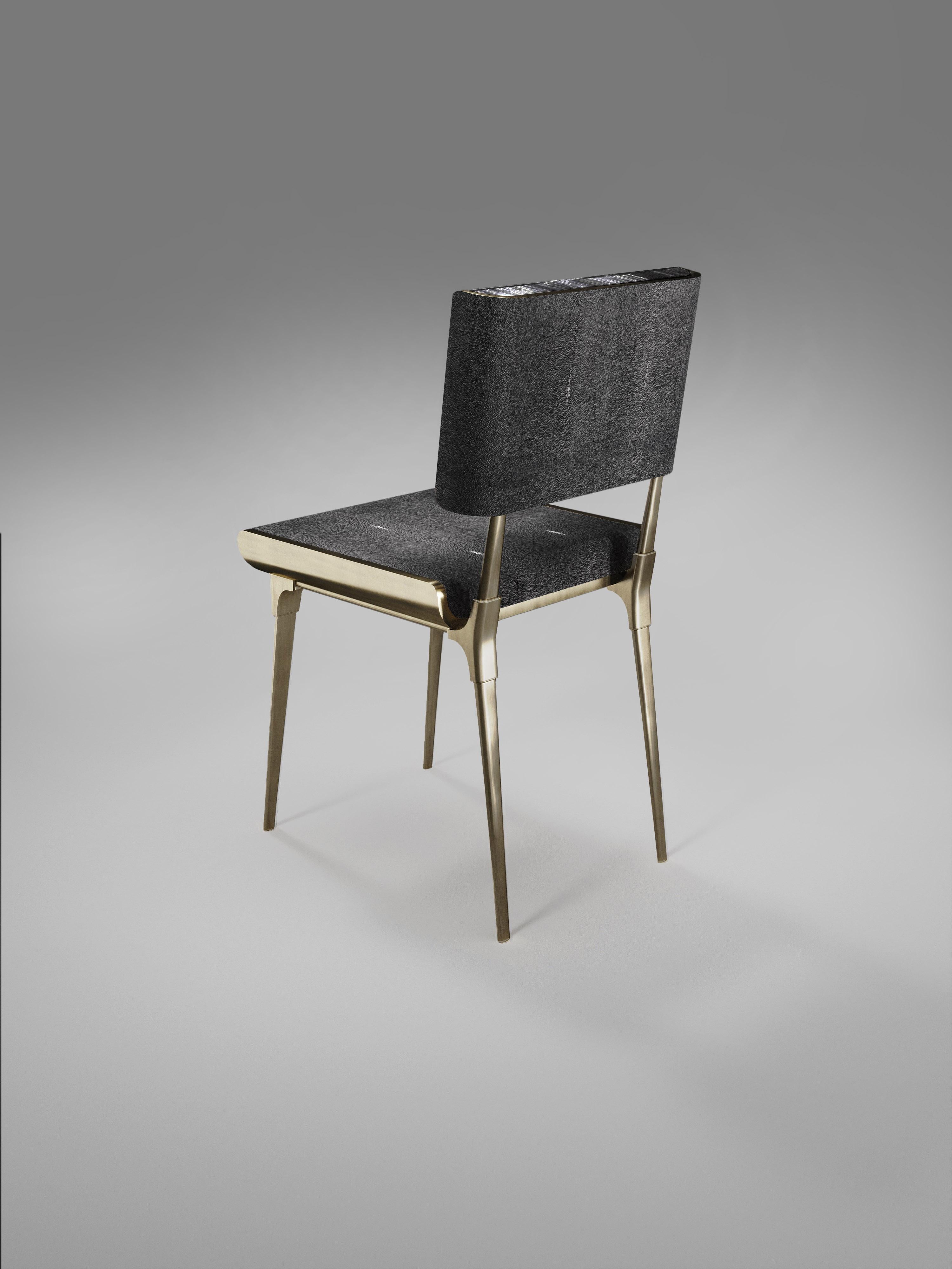 Inspired by the original Dandy bench by Kifu Paris (see images at end of slide), the Dandy II Chair is the ultimate luxury seating for a dining room or corner area. The seating area is inlaid in coal black shagreen and the legs, frame and sides of