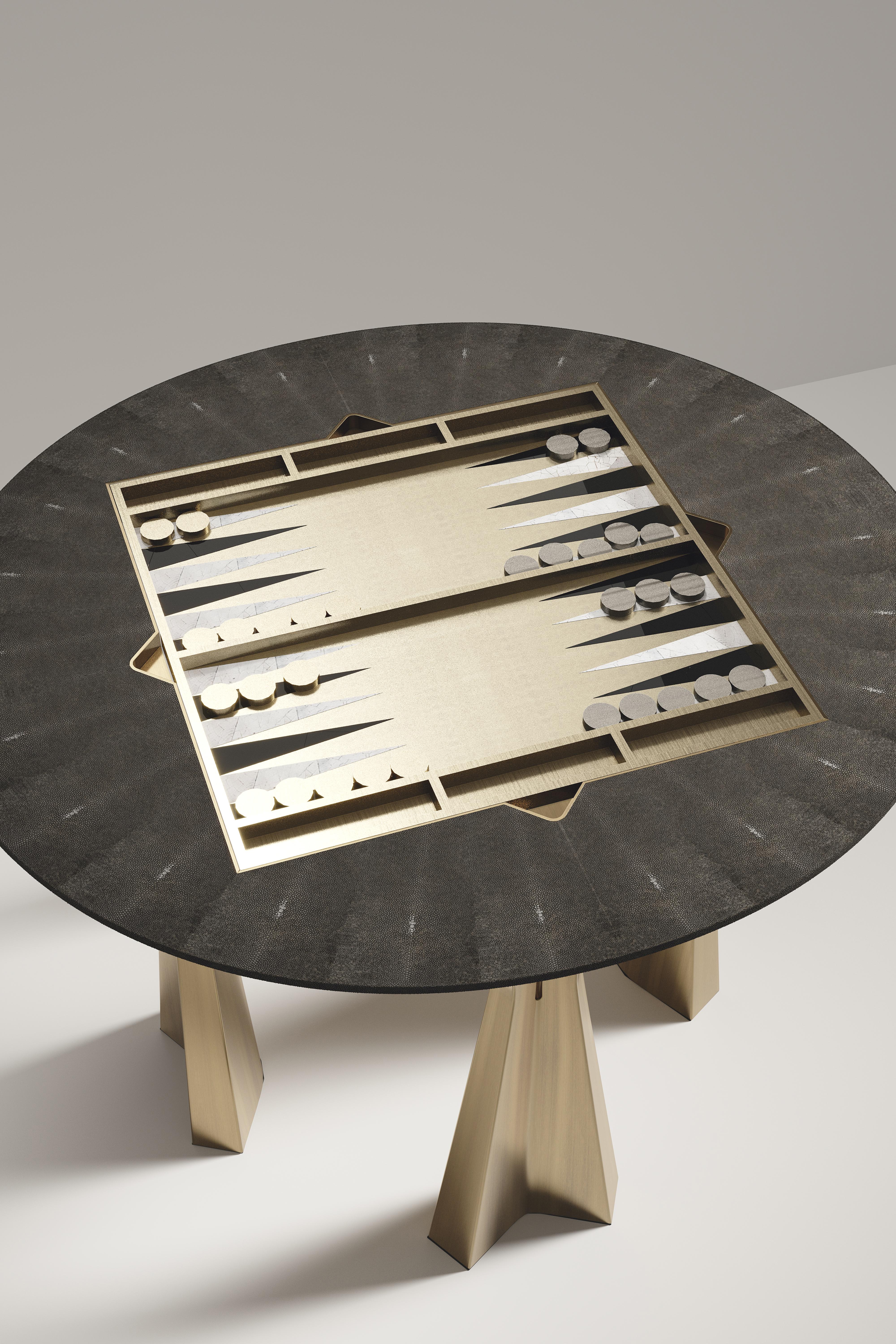 Ottone Tavolo da gioco in zigrino con inserti in ottone patinato bronzo R & Y Augousti in vendita