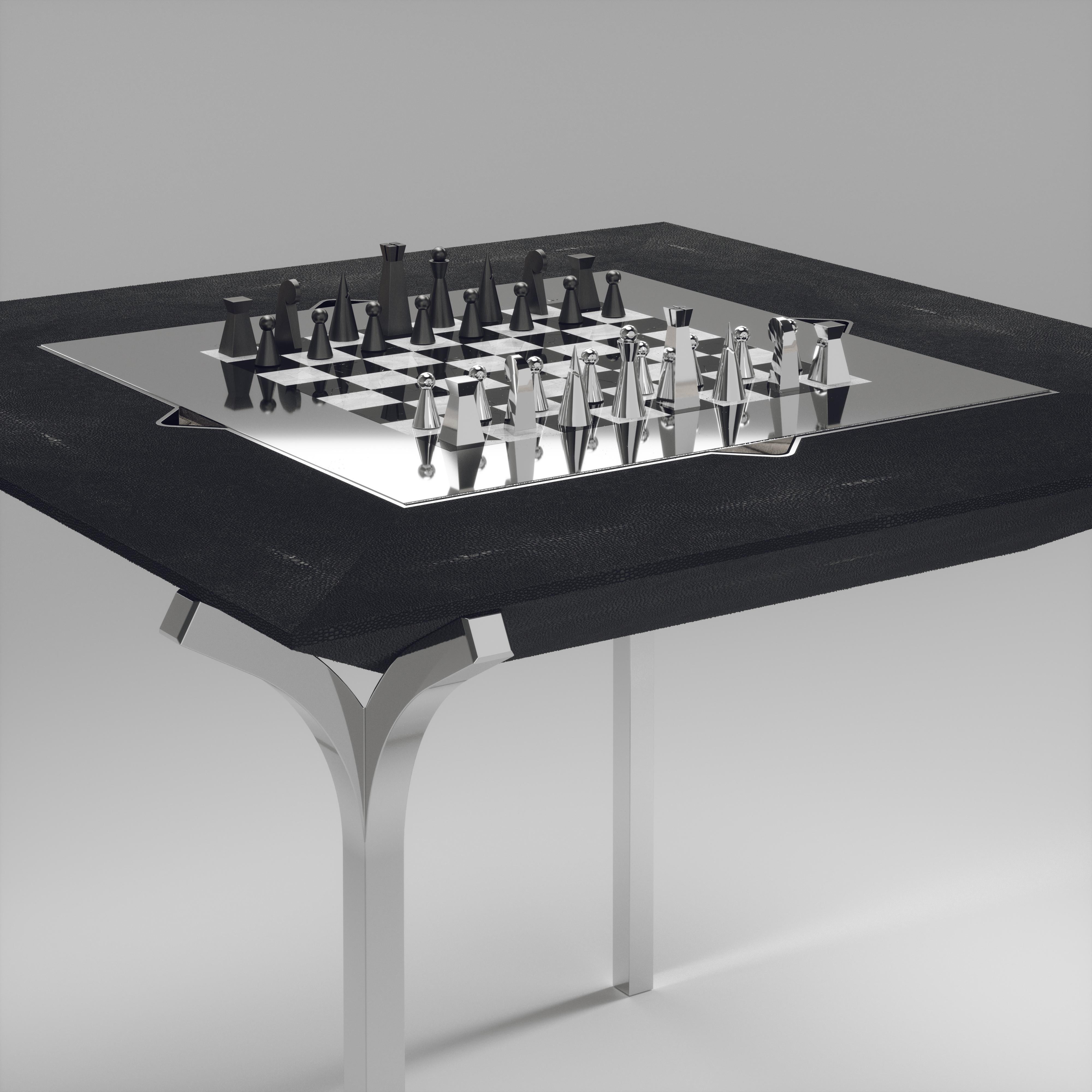 Art déco Table de jeu en galuchat avec finition chromée et accents en acier inoxydable R&Y Augousti en vente