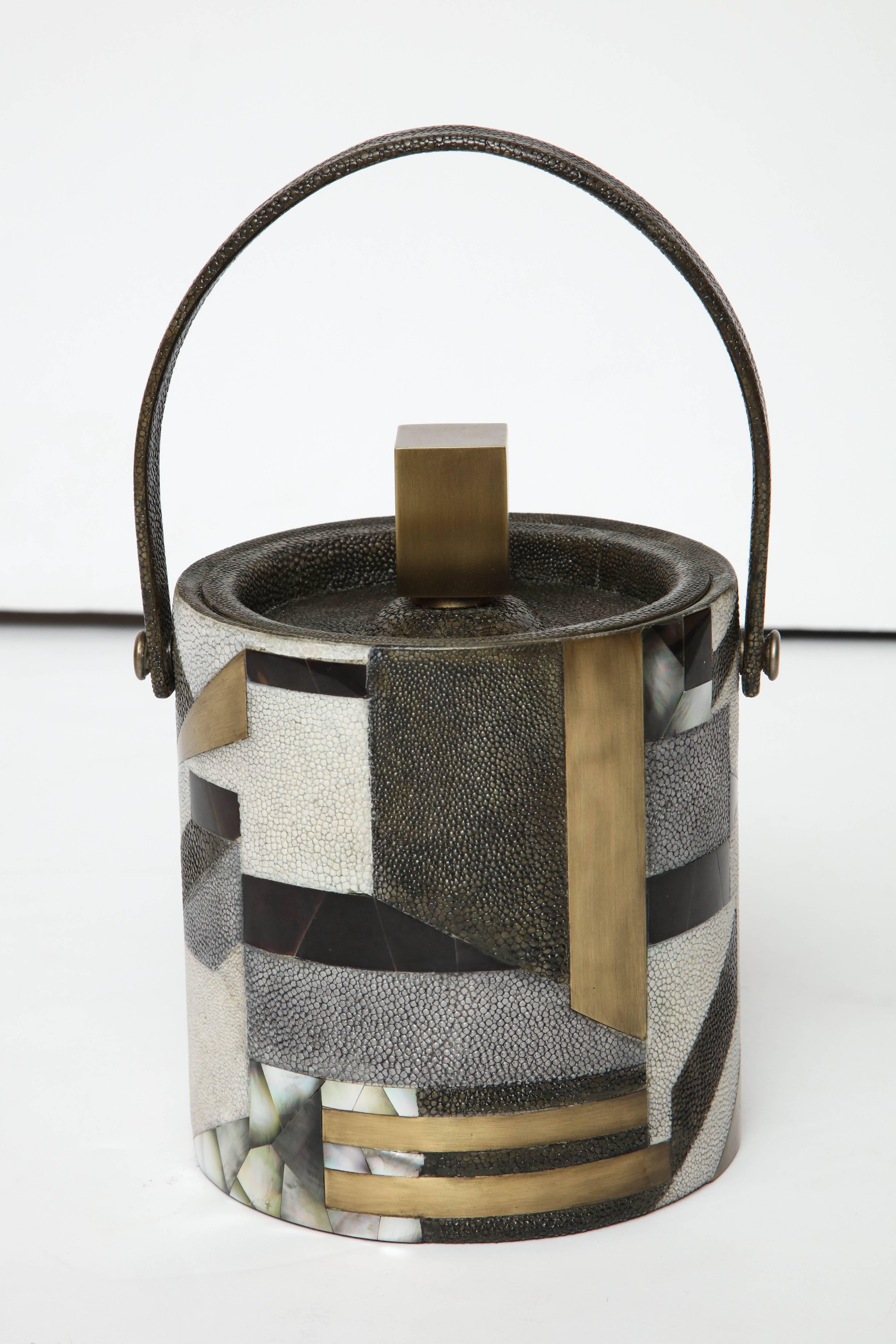Decorative ice bucket made of shagreen, mother-of-pearl, bronze and black sea shell.