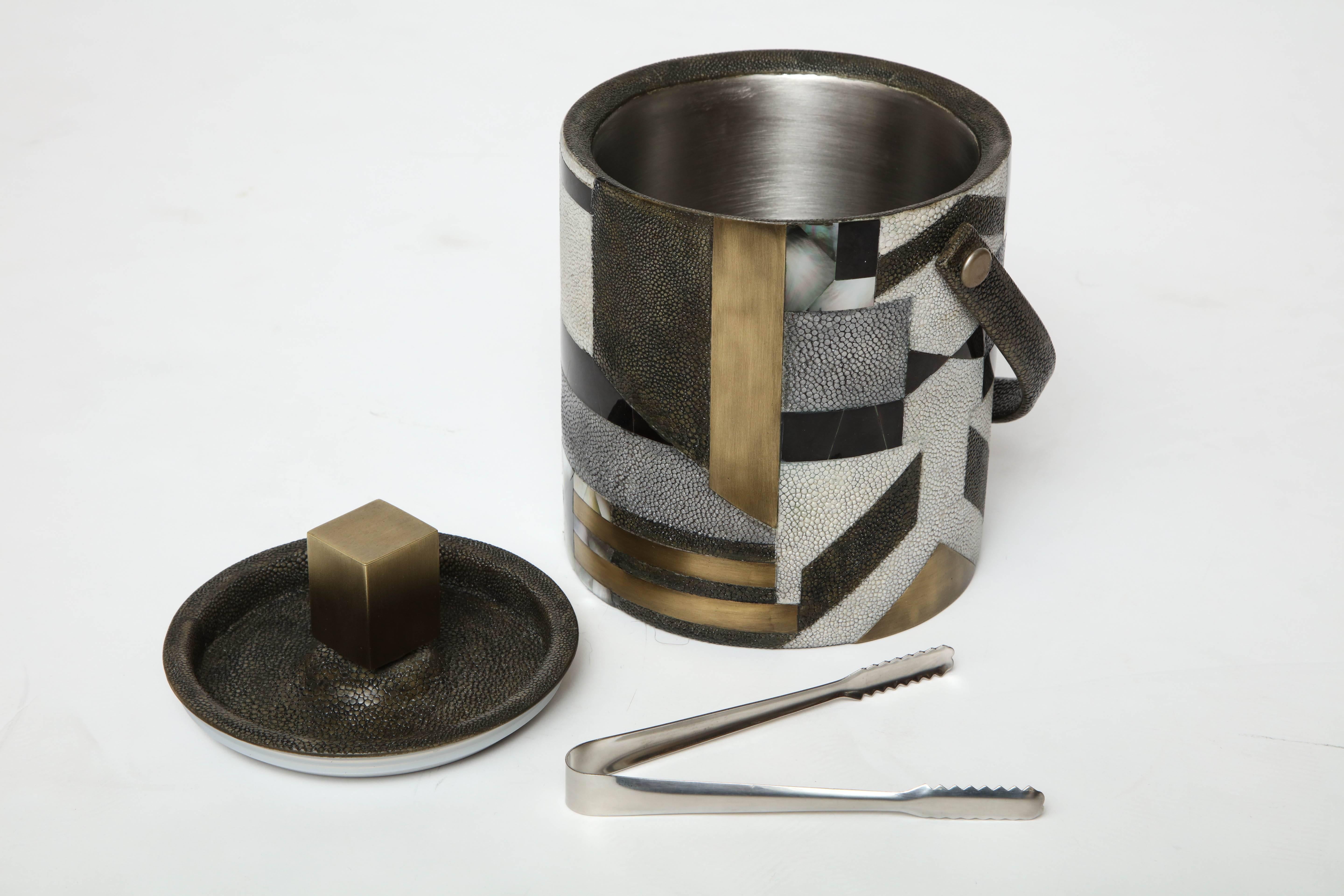 French Shagreen Ice Bucket With Bronze Details