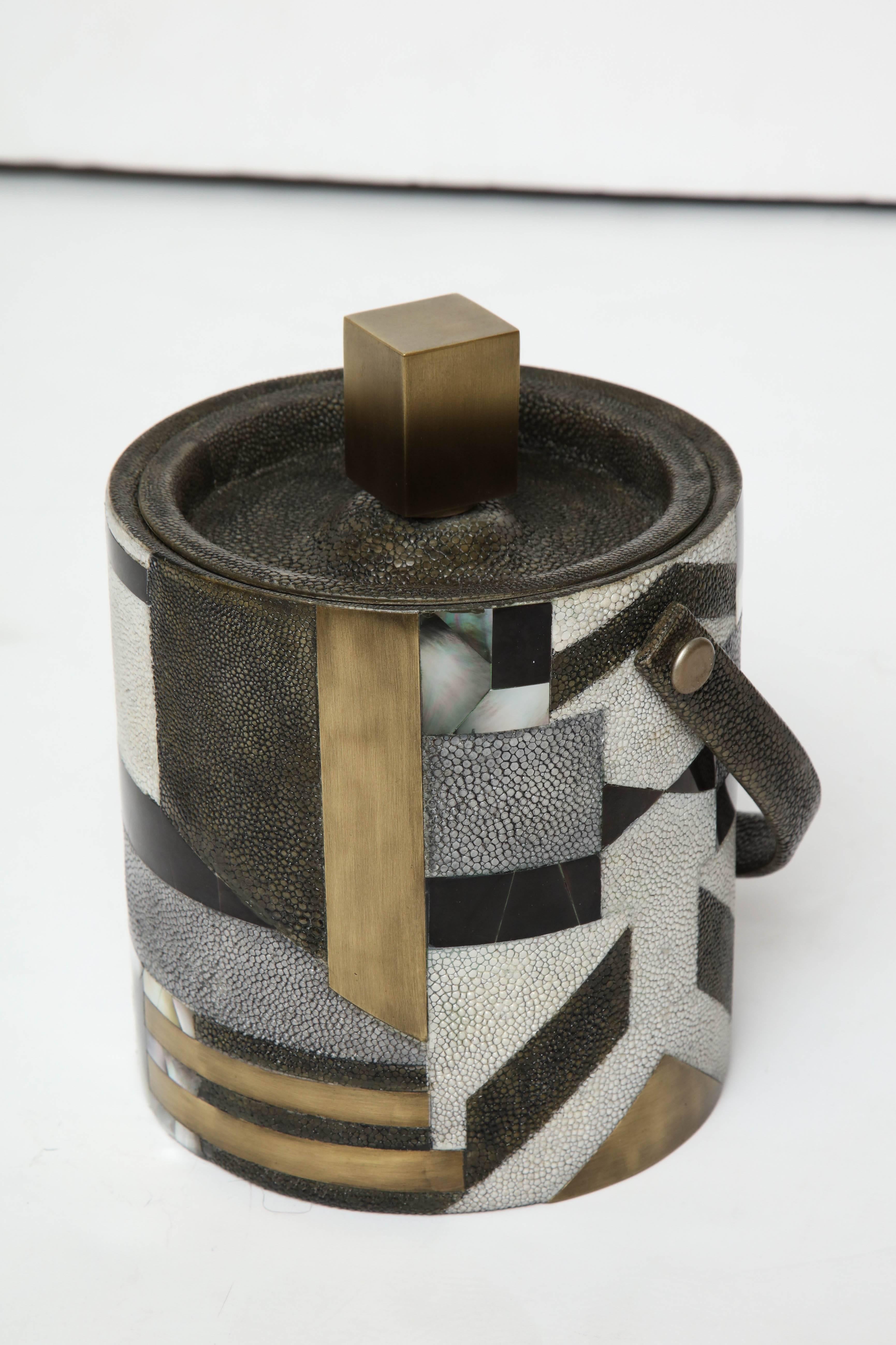 Hand-Crafted Shagreen Ice Bucket With Bronze Details