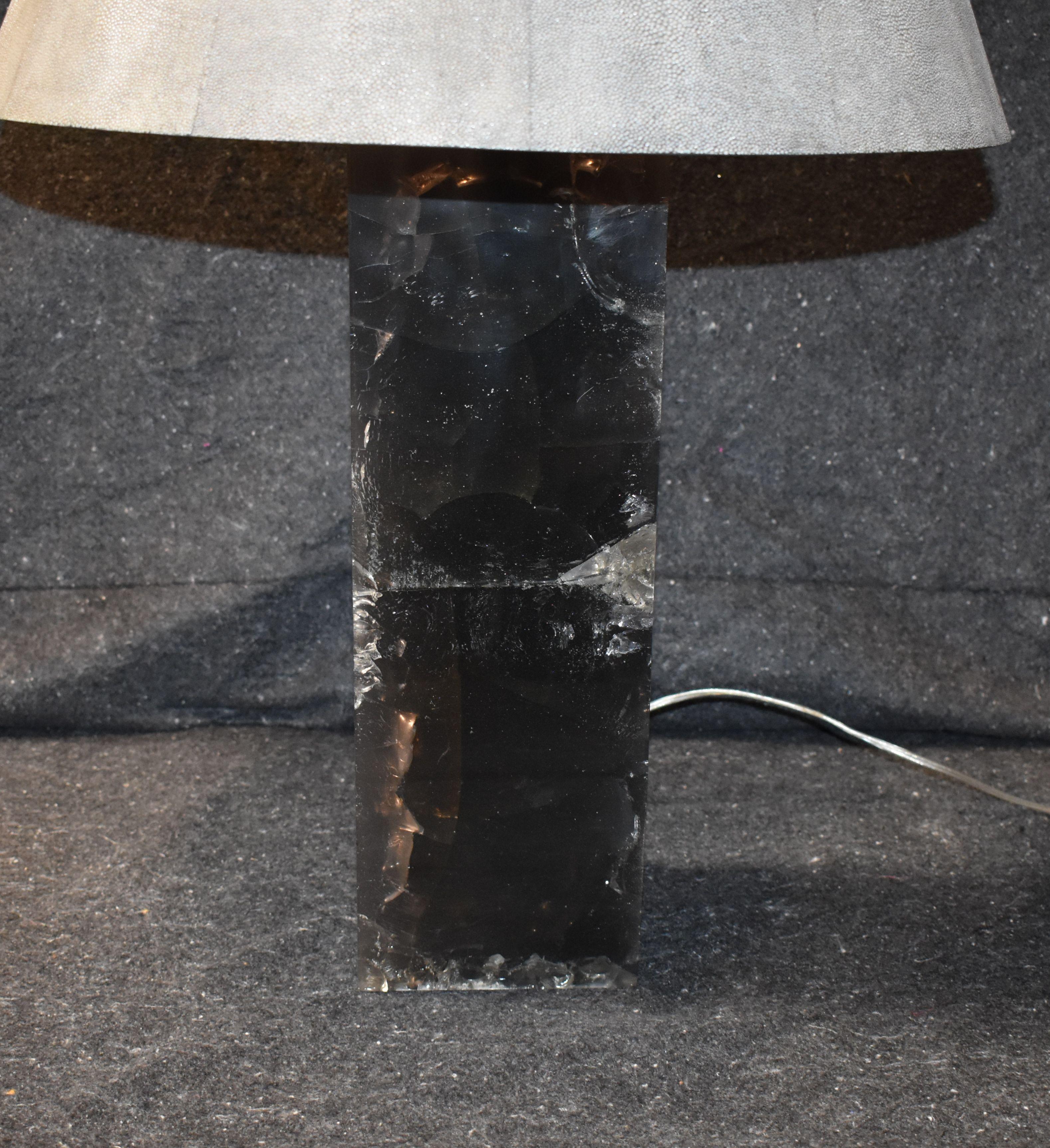 Sculptural light and dark gray ice cracked resin table lamp with shagreen shade.

Dimension of lamp without shade W 6 inches, D 6 inches.