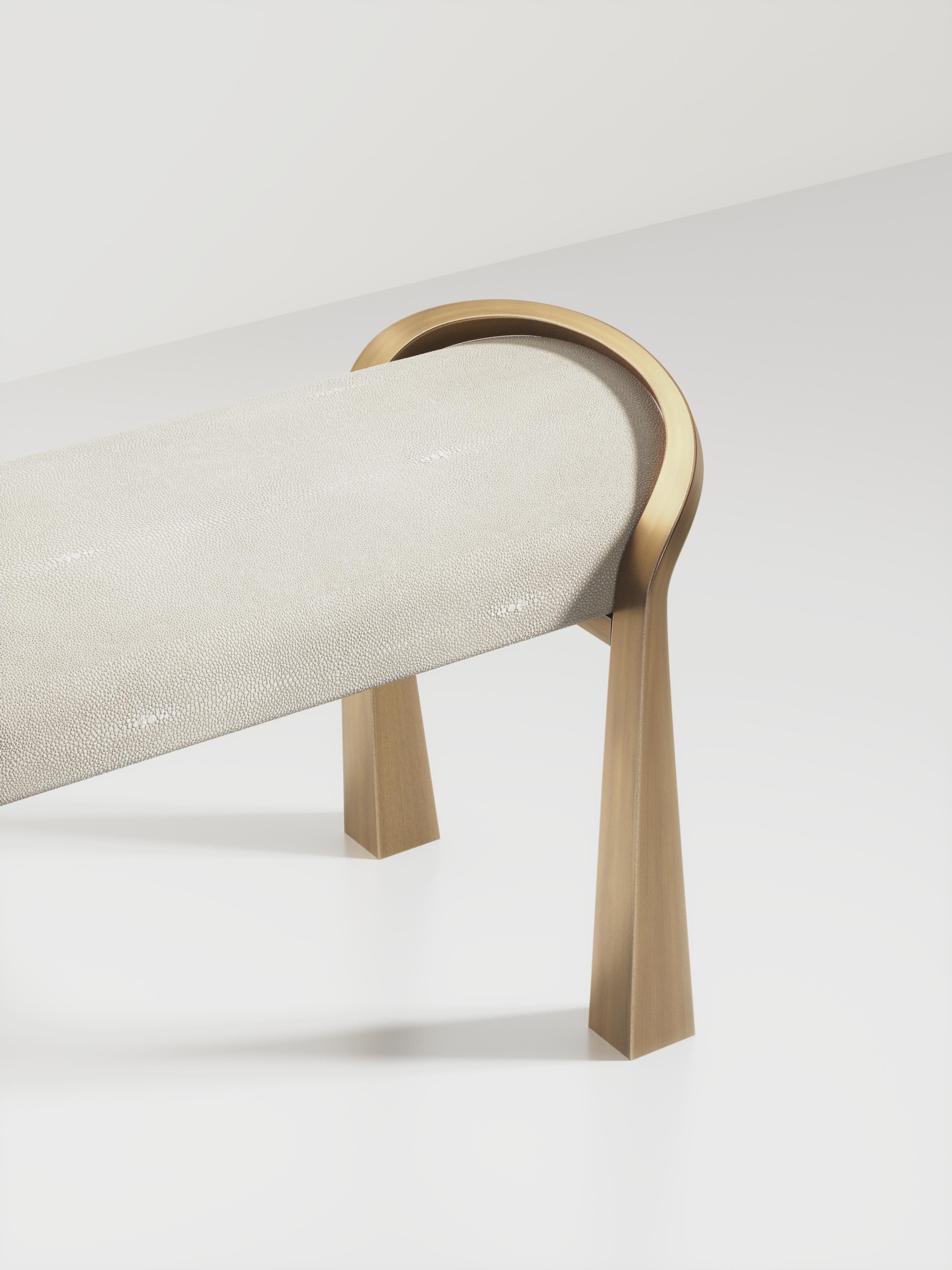 Art Deco Shagreen Inlaid Bench with Sculptural Bronze Patina Brass Legs by R&Y Augousti For Sale