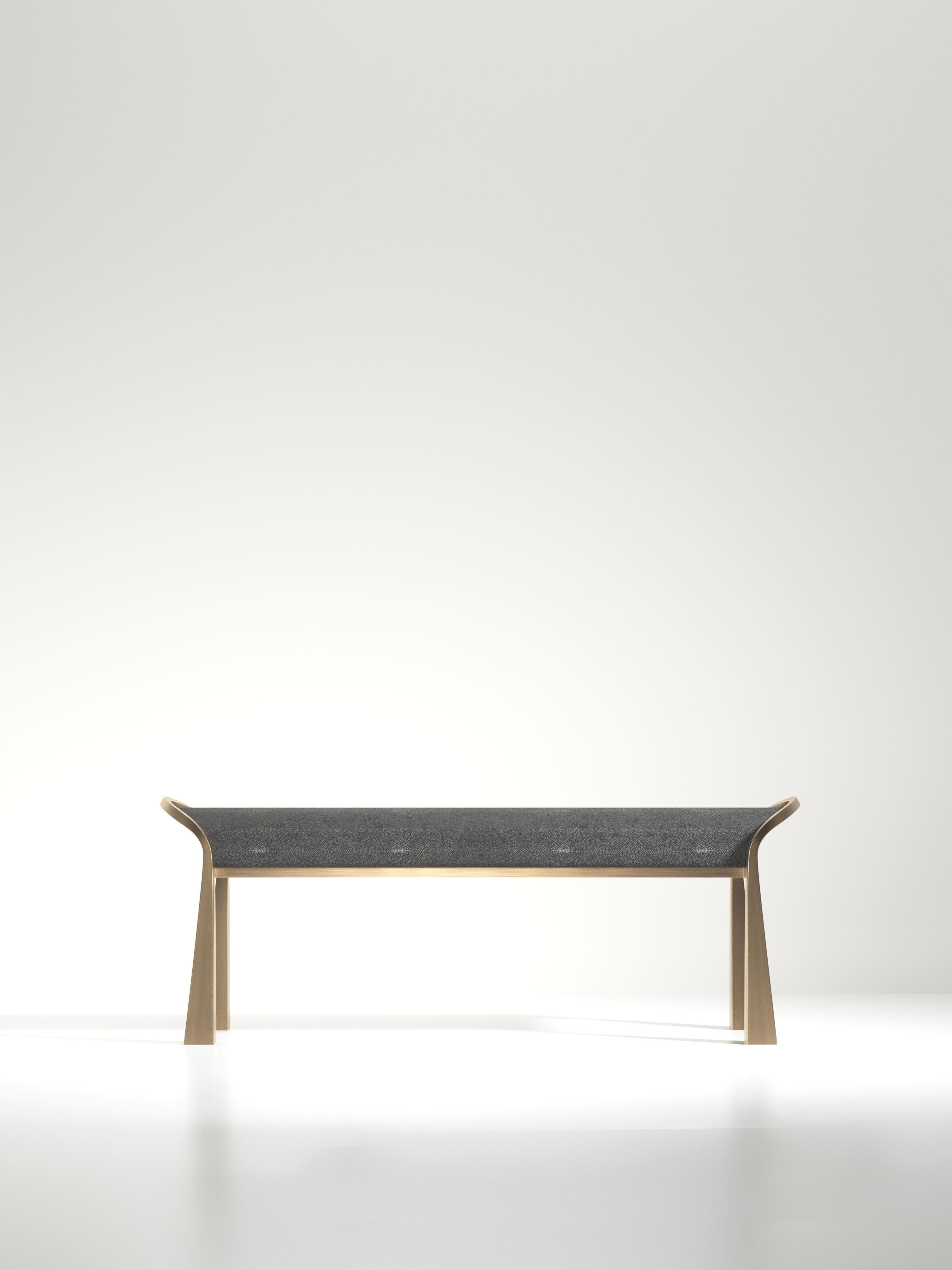 Contemporary Shagreen Inlaid Bench with Sculptural Bronze Patina Brass Legs by R&Y Augousti For Sale