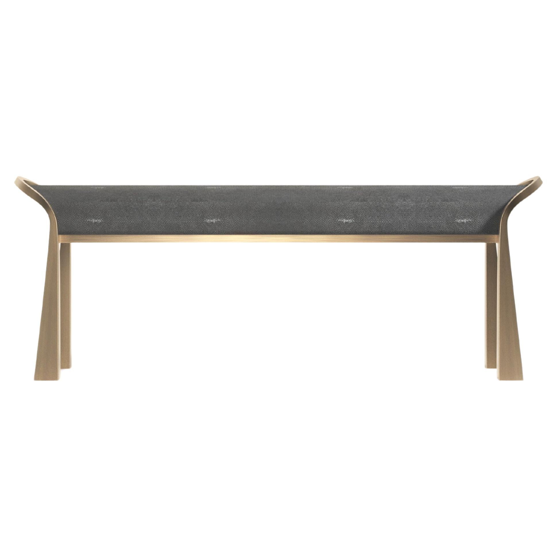 Shagreen Inlaid Bench with Sculptural Bronze Patina Brass Legs by R&Y Augousti