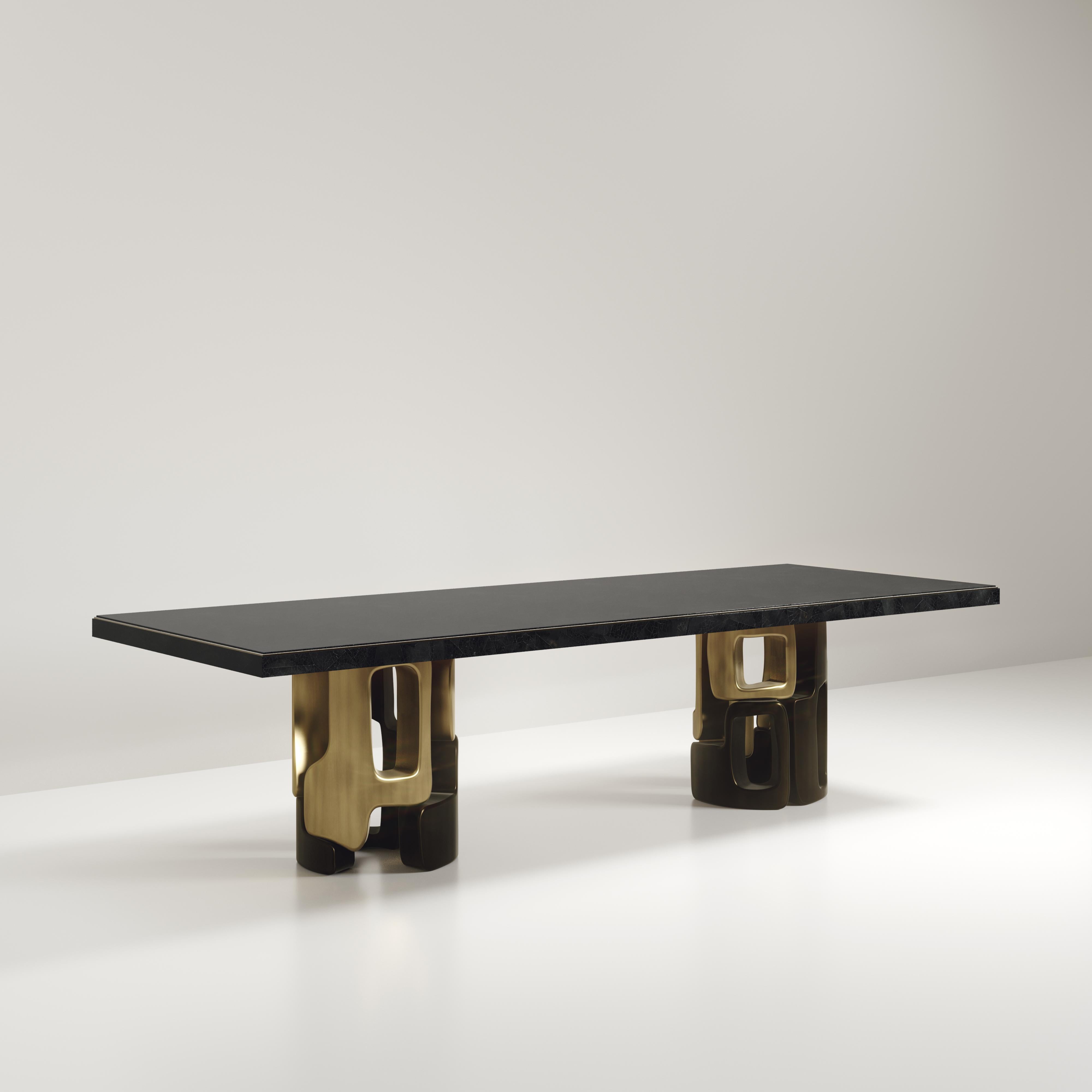 Inlay Shagreen Inlaid Dining Table with Bronze Patina Brass Details by Kifu Paris For Sale