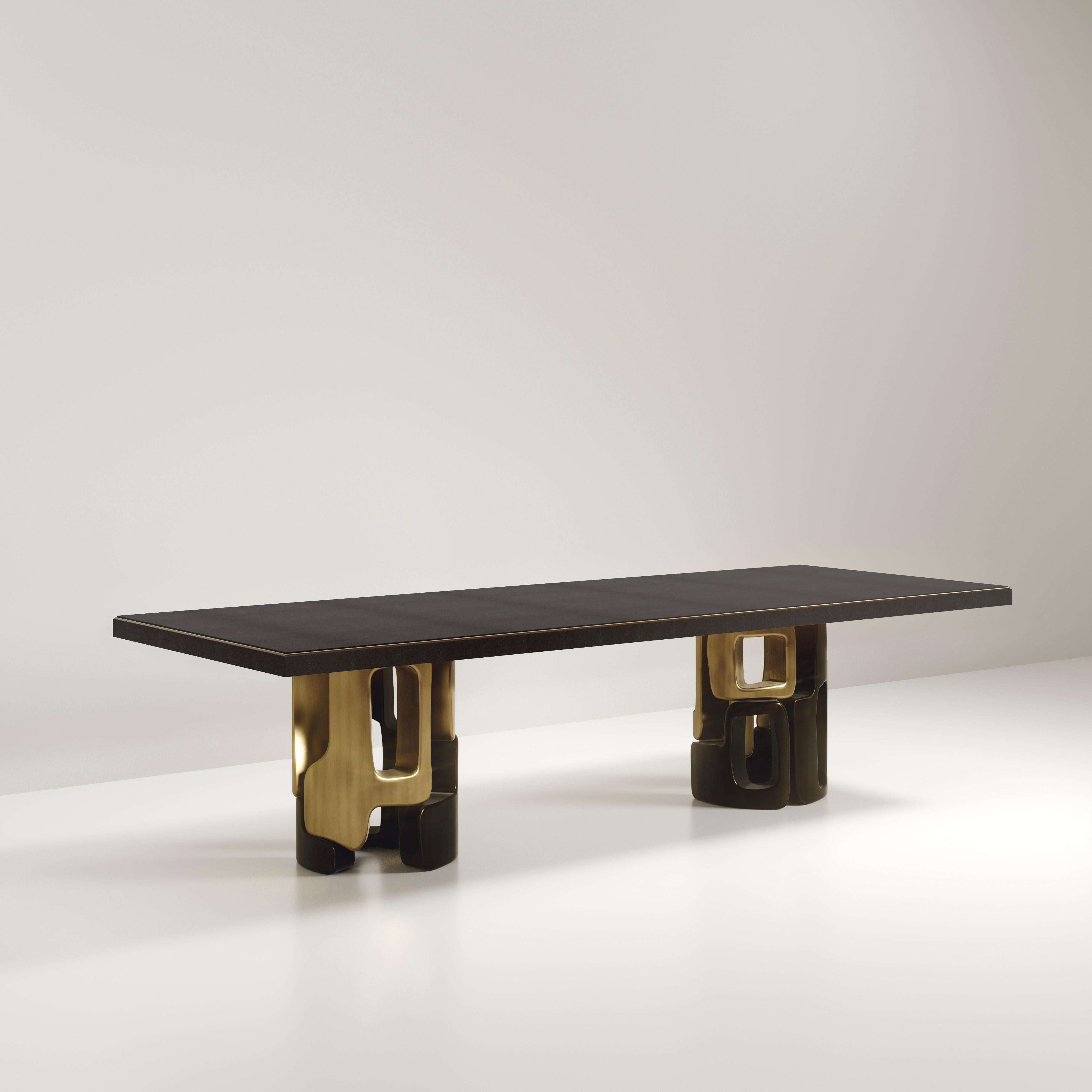 Shagreen Inlaid Dining Table with Bronze Patina Brass Details by Kifu Paris For Sale 2