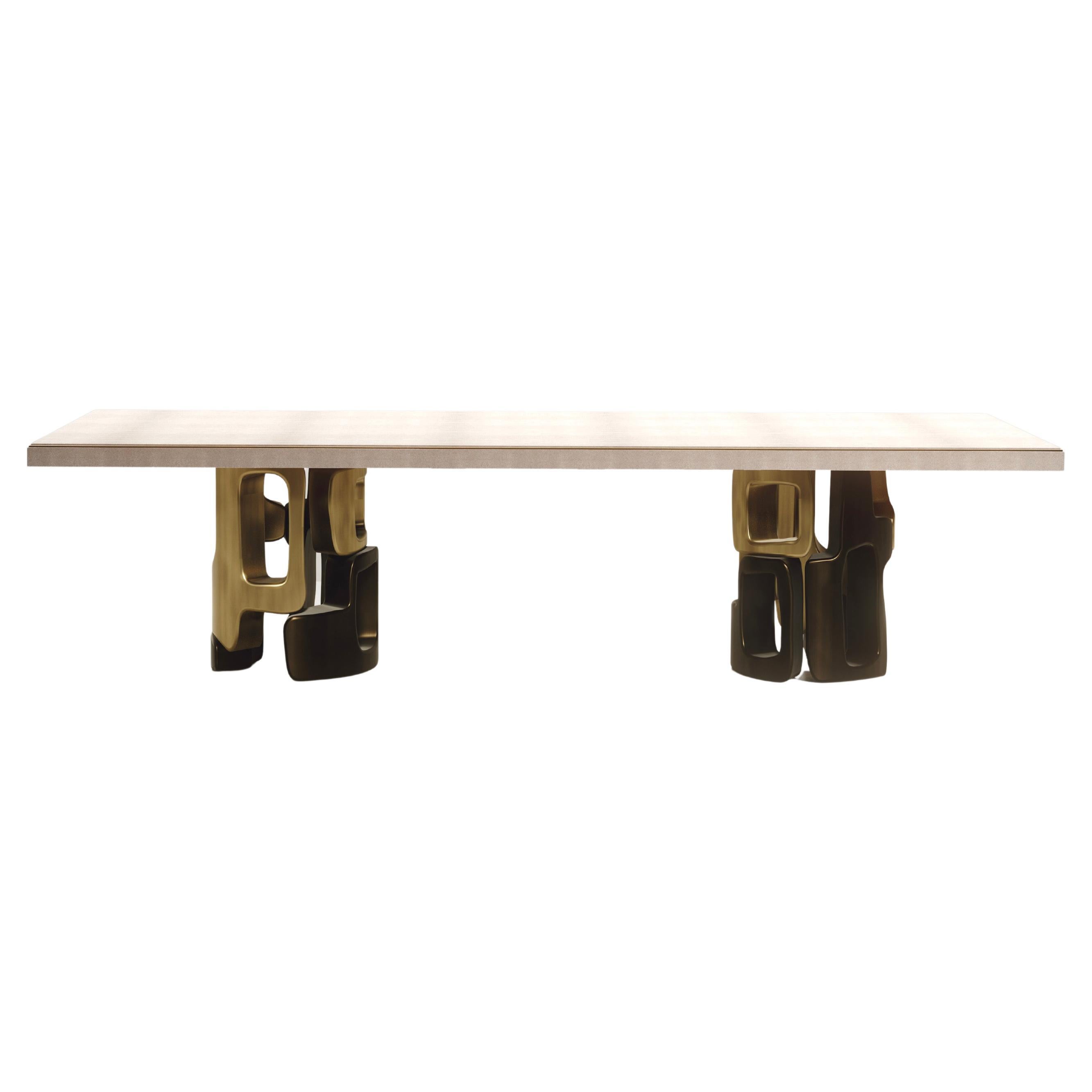 Shagreen Inlaid Dining Table with Bronze Patina Brass Details by Kifu Paris For Sale