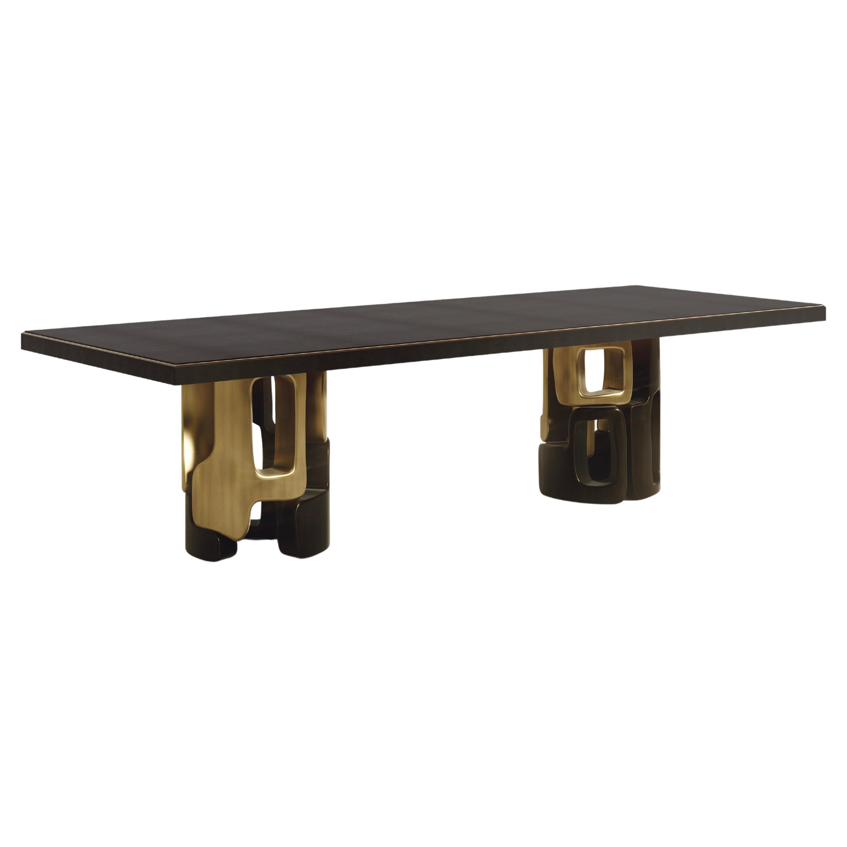 Shagreen Inlaid Dining Table with Bronze Patina Brass Details by Kifu Paris For Sale