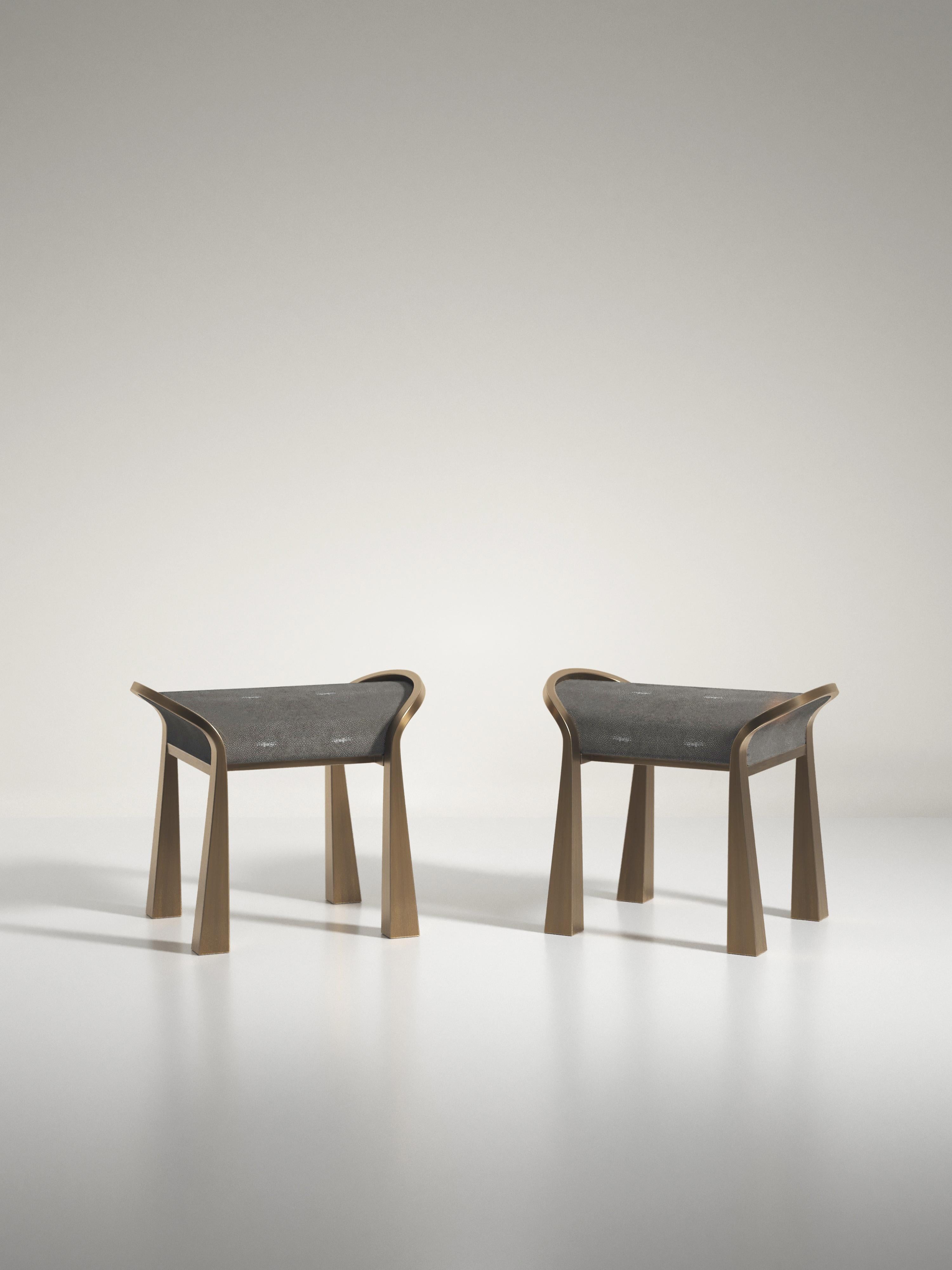 Shagreen Inlaid Stool with Sculptural Bronze Patina Brass Legs by R&Y Augousti For Sale 8