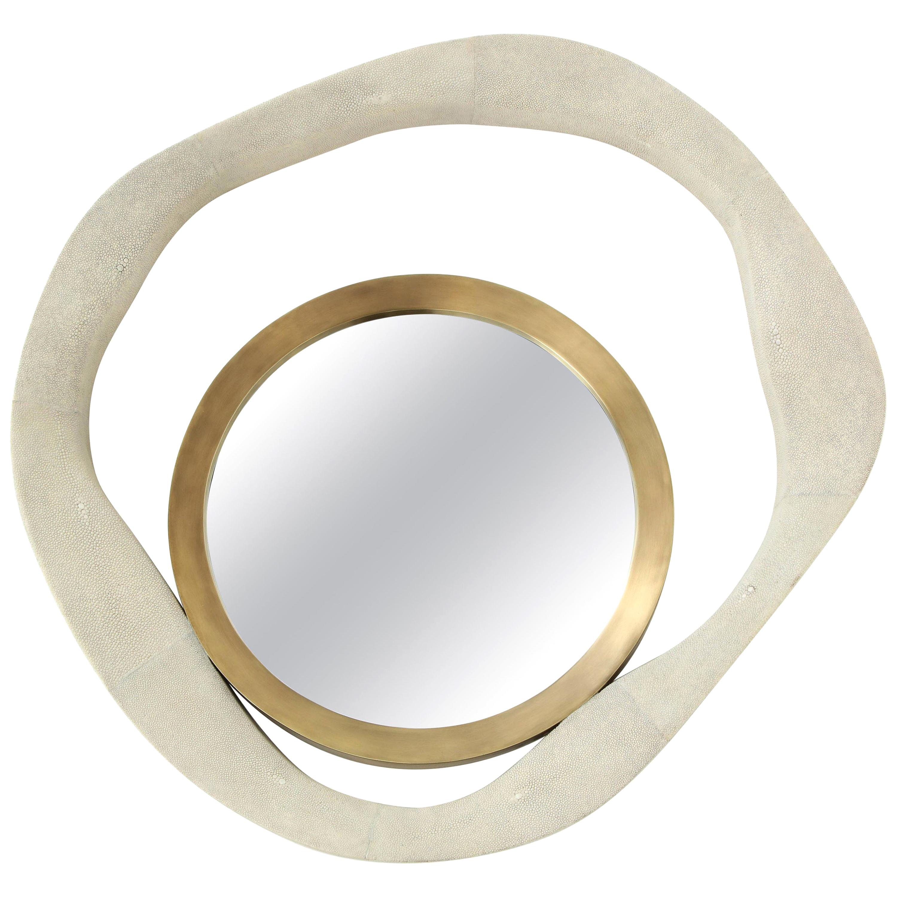 Shagreen Mirror with Brass Details, Cream Color Shagreen, Contemporary, Round