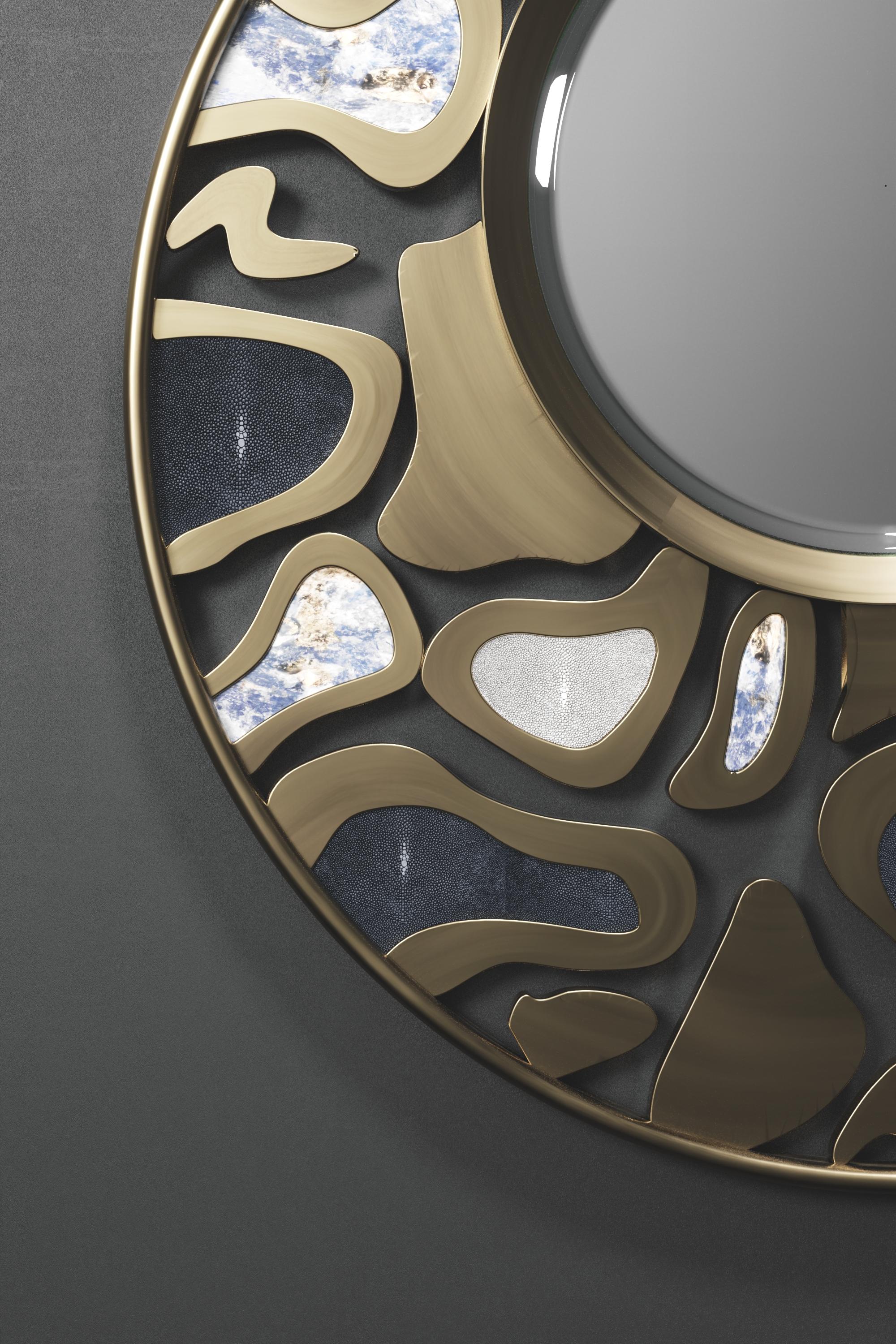 Art Deco Shagreen Mirror with Bronze-Patina Brass Details by Kifu Paris For Sale