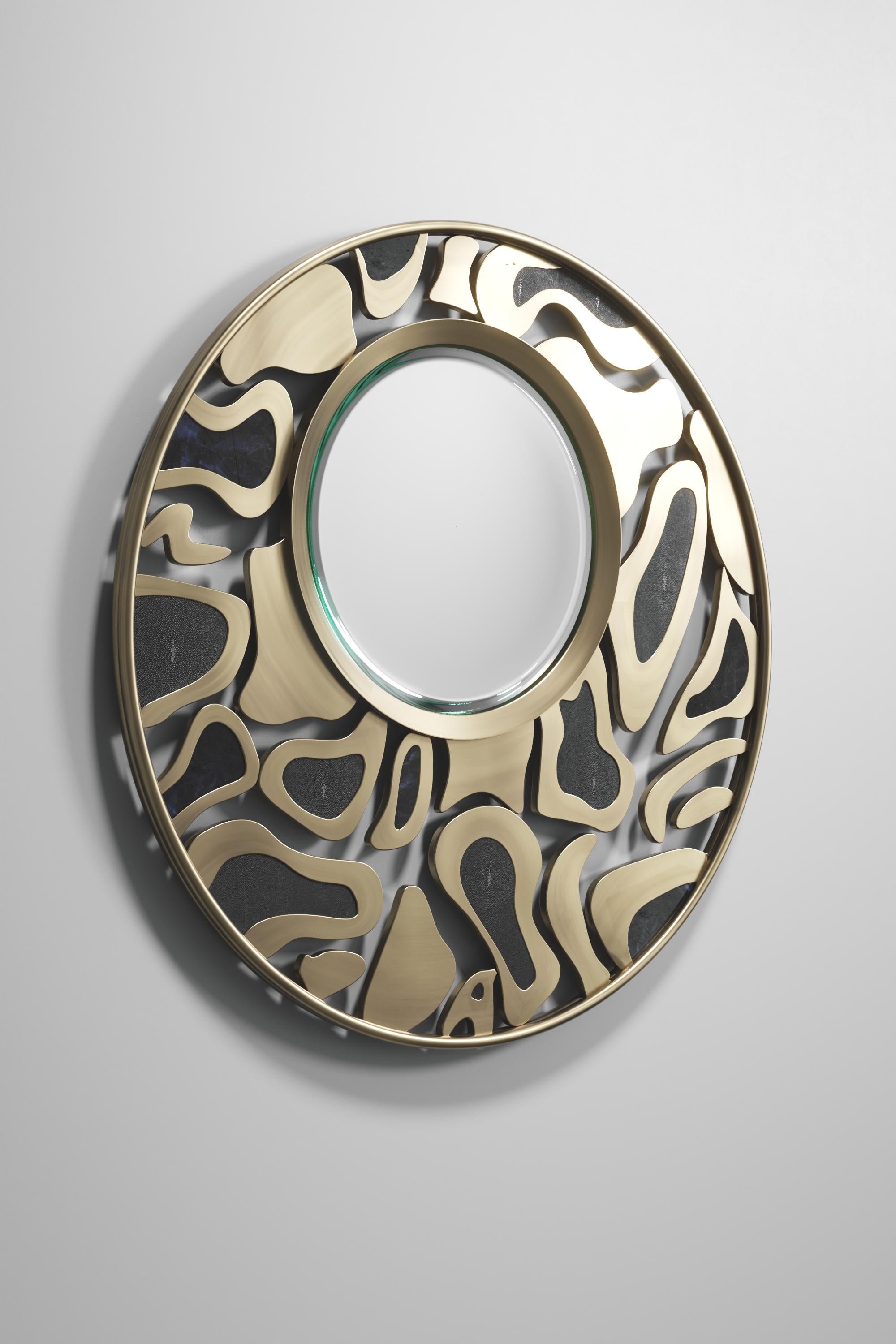 Contemporary Shagreen Mirror with Bronze-Patina Brass Details by Kifu Paris For Sale