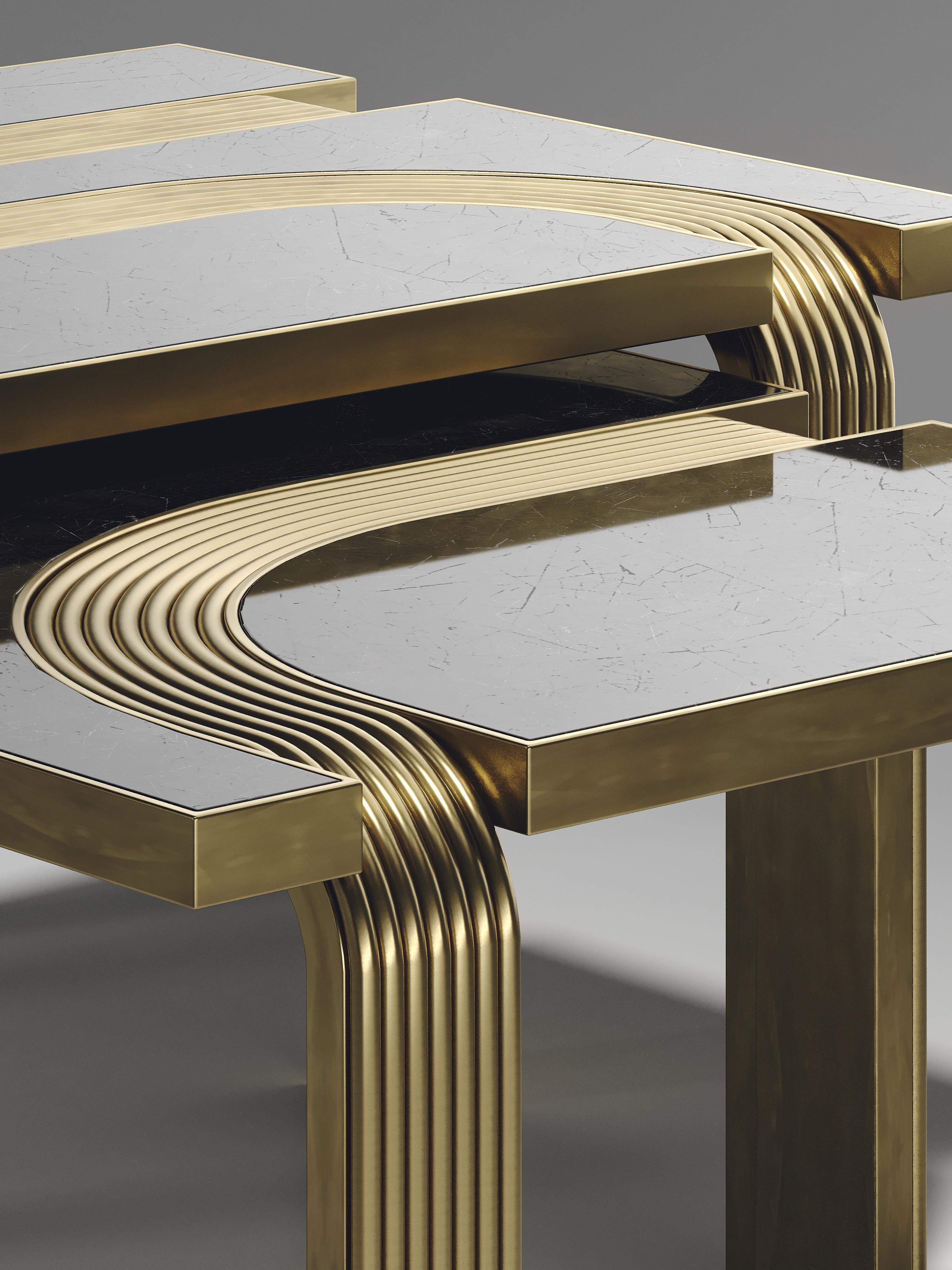 Shagreen Nesting Coffee Tables with Bronze-Patina Brass Inlay by R&Y Augousti en vente 7