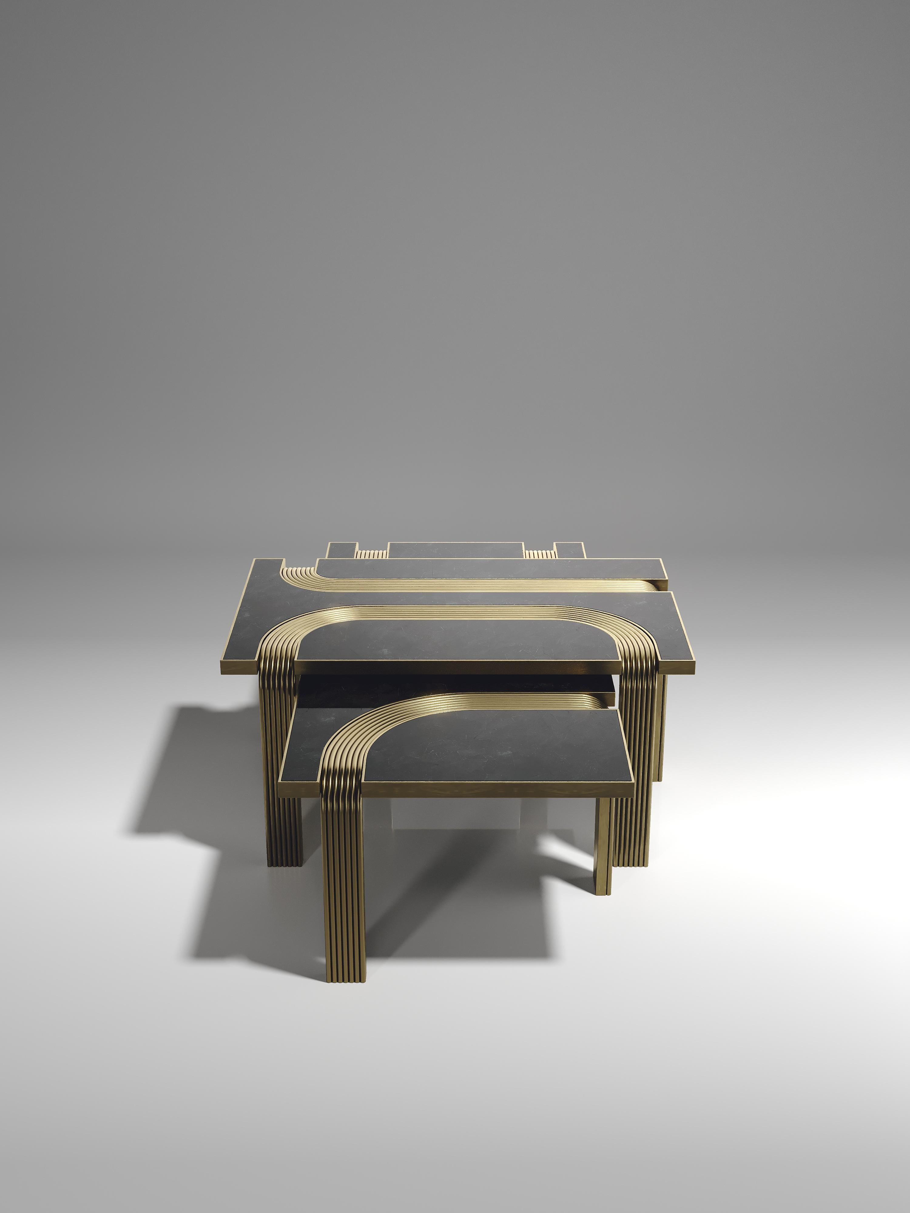 Shagreen Nesting Coffee Tables with Bronze-Patina Brass Inlay by R&Y Augousti en vente 10