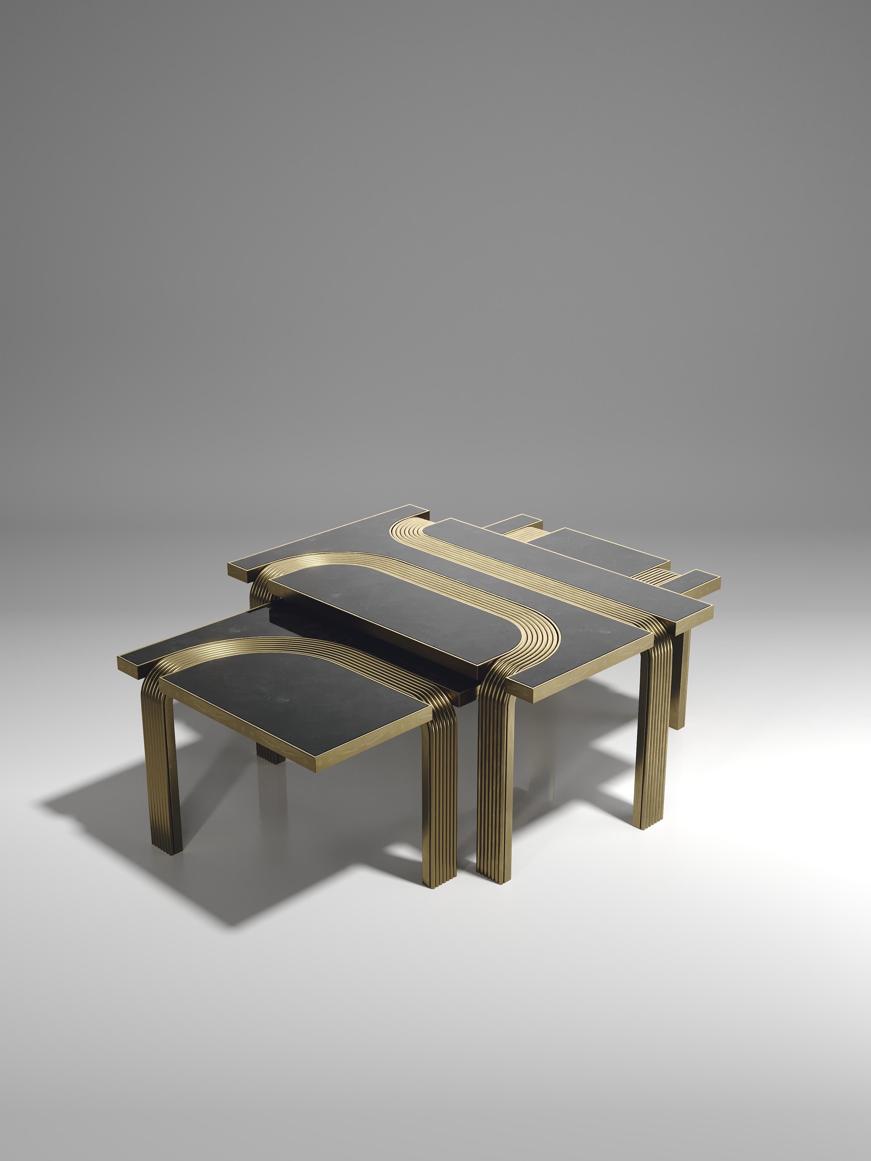 Shagreen Nesting Coffee Tables with Bronze-Patina Brass Inlay by R&Y Augousti en vente 11