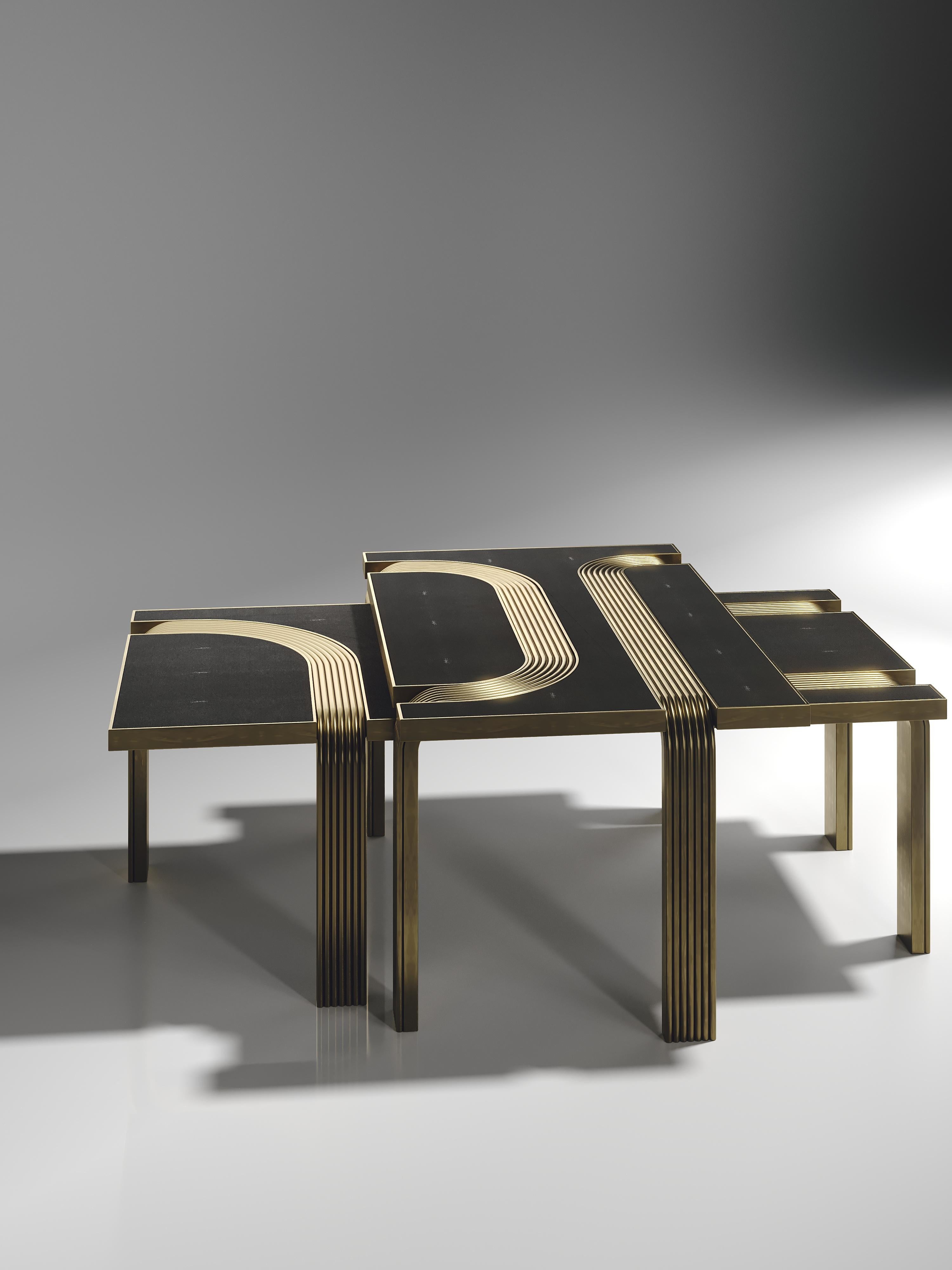 Laiton Shagreen Nesting Coffee Tables with Bronze-Patina Brass Inlay by R&Y Augousti en vente