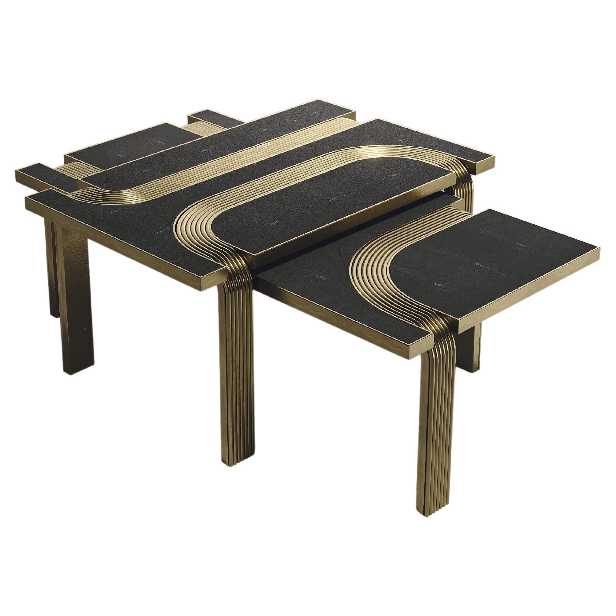 Shagreen Nesting Coffee Tables with Bronze-Patina Brass Inlay by R&Y Augousti For Sale