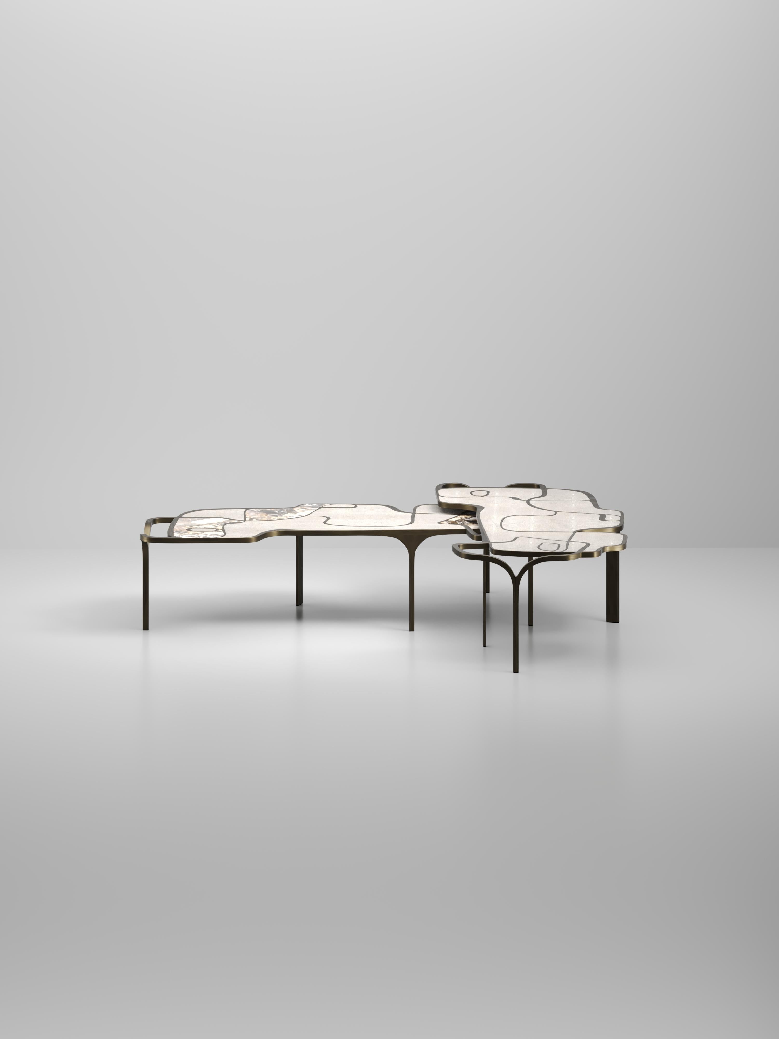 Art Deco Shagreen Nesting Coffee Tables with Patagonia and Brass Accents by R&Y Augousti For Sale