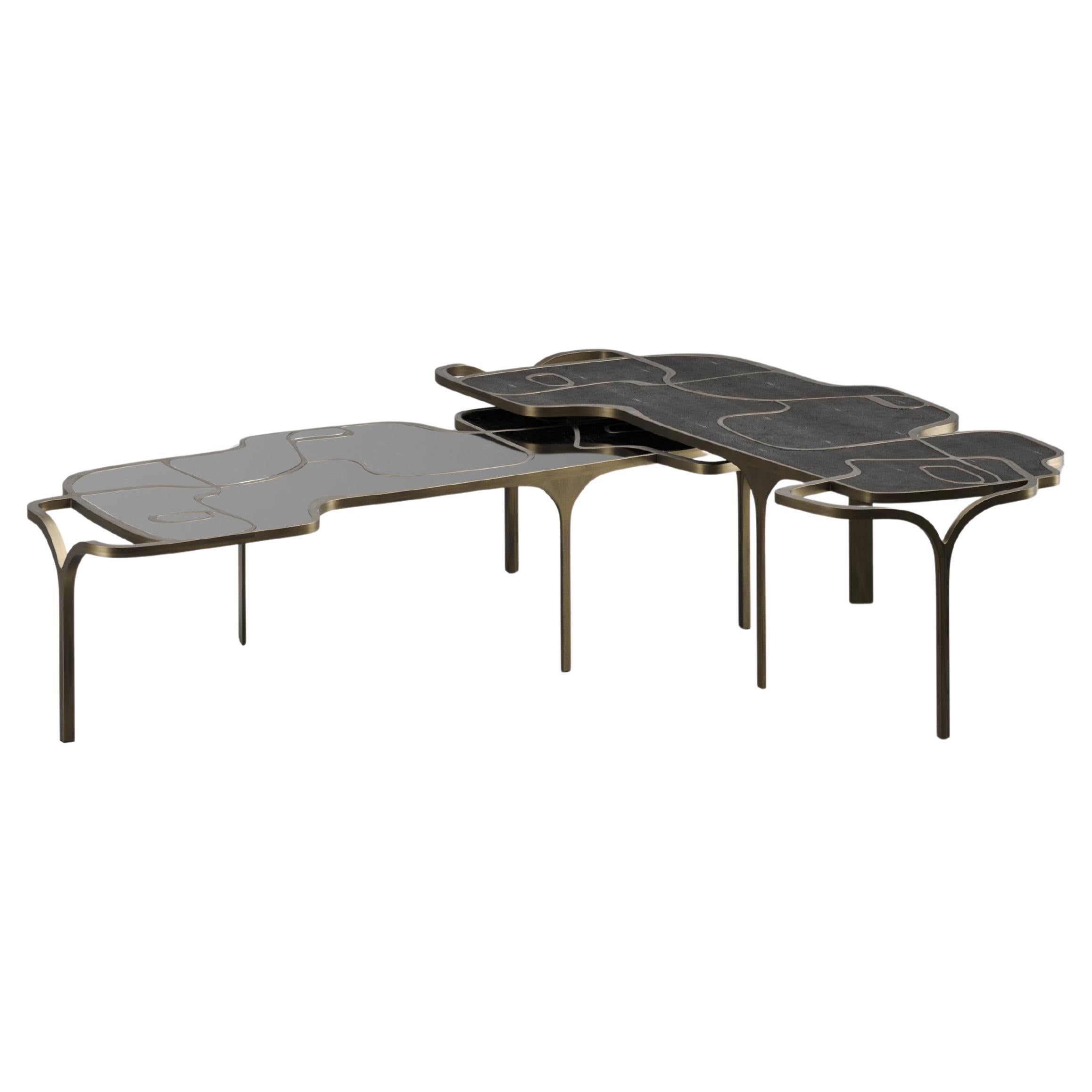 Shagreen Nesting Coffee Tables with Shell and Brass Accents by R&Y Augousti