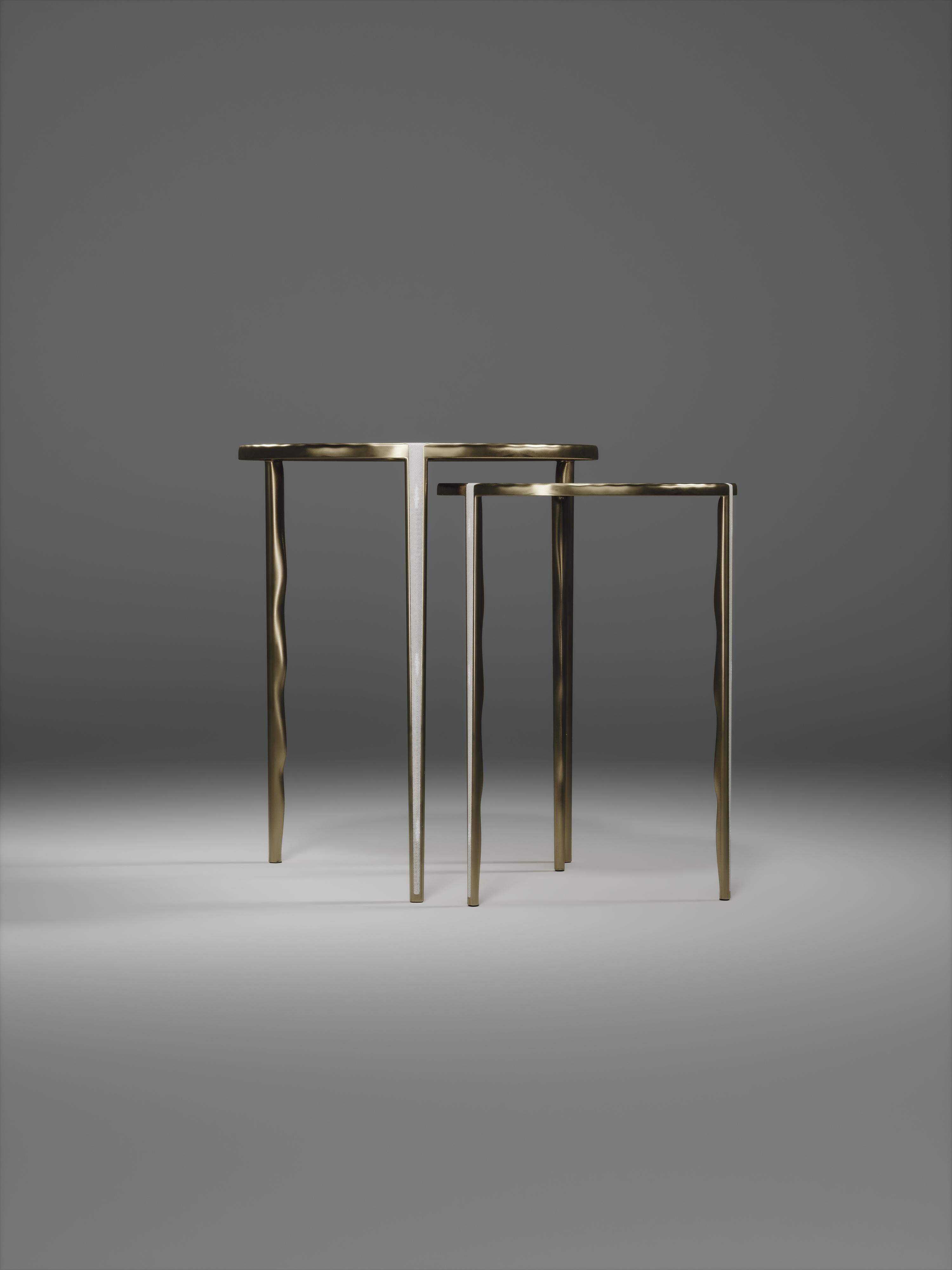 French Shagreen Nesting Side Tables with Bronze-Patina Brass Accents by R&Y Augousti For Sale