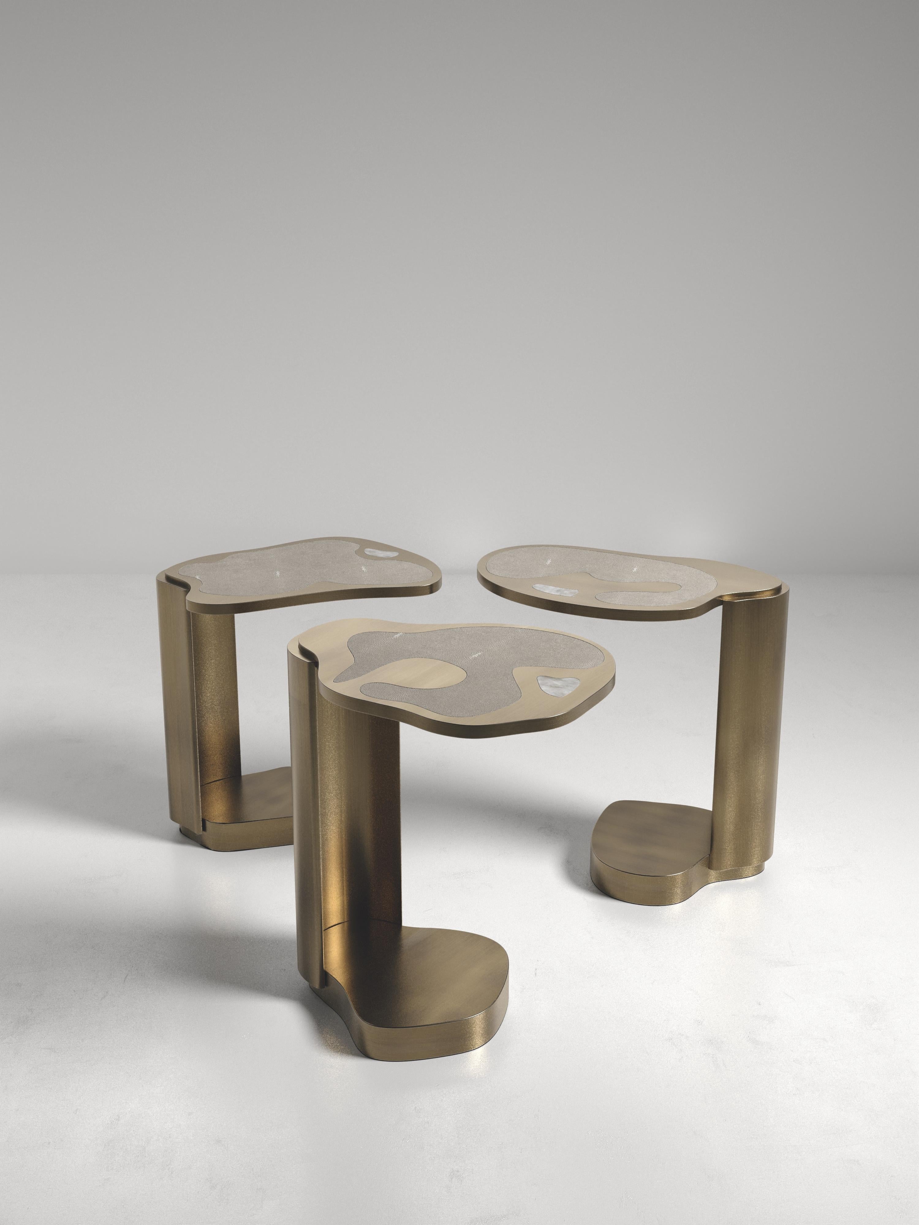 Shagreen Nesting Side Tables with Bronze Patina Brass Details by Kifu Paris For Sale 4