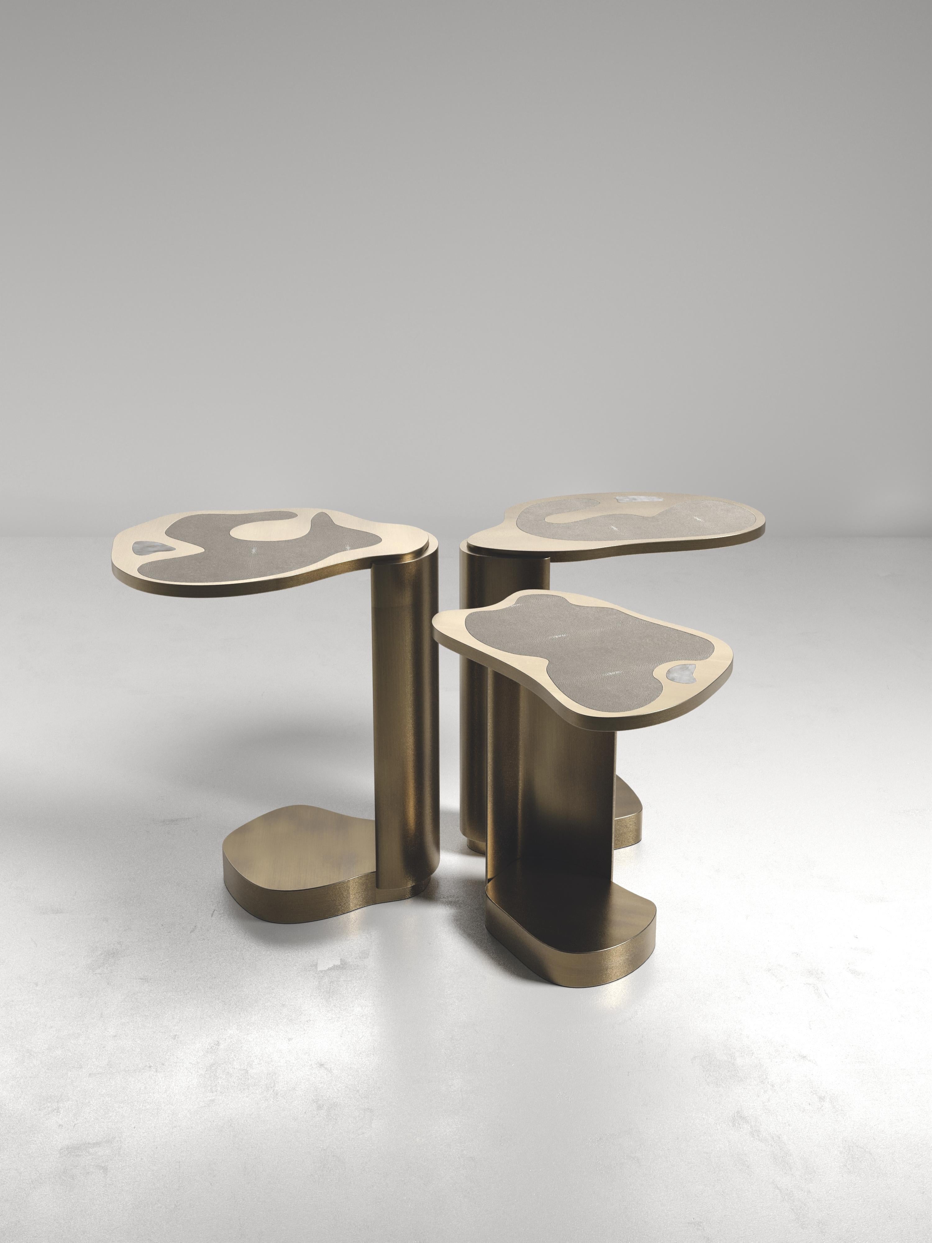 Shagreen Nesting Side Tables with Bronze Patina Brass Details by Kifu Paris For Sale 5