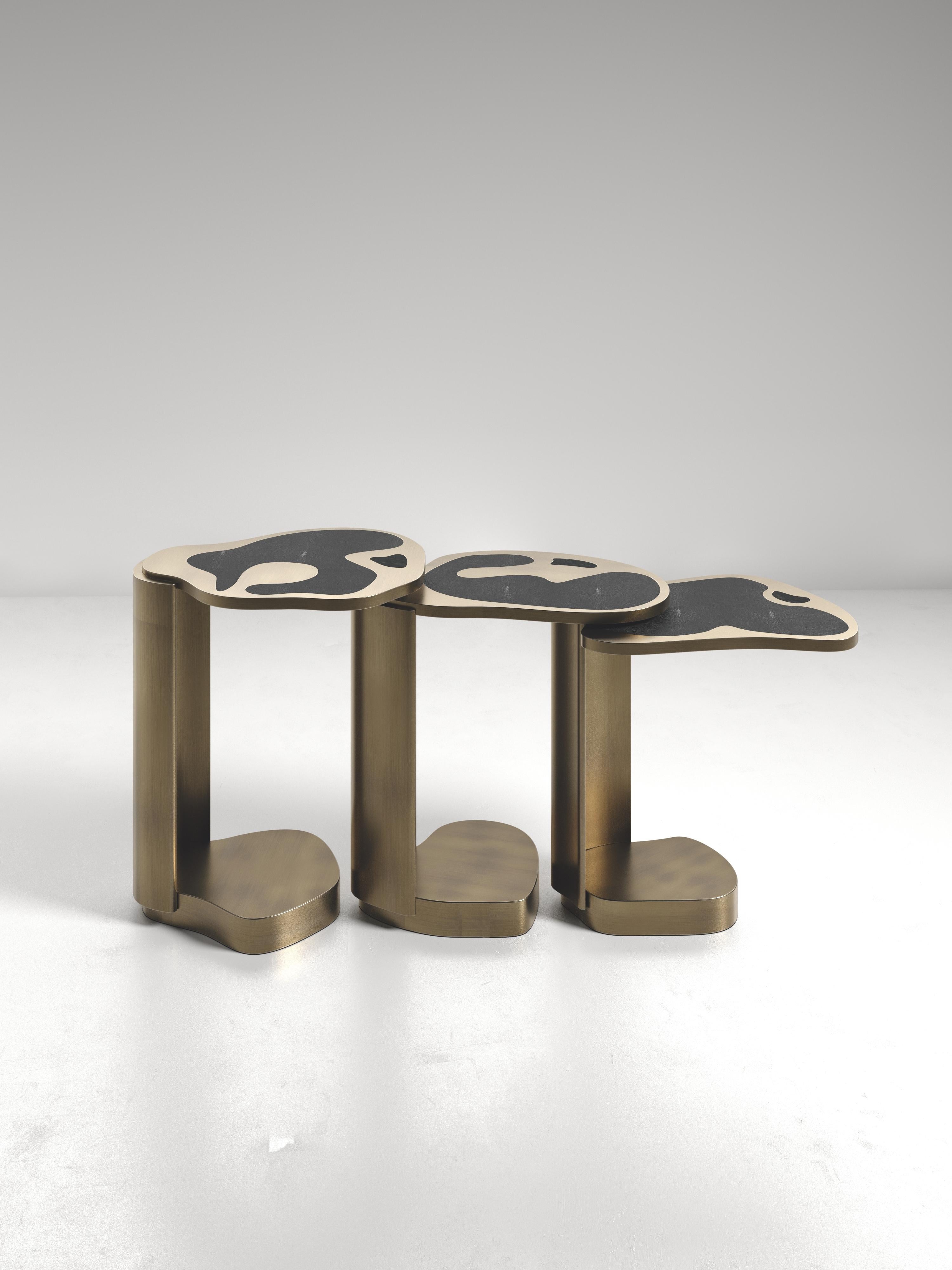 Art Deco Shagreen Nesting Side Tables with Bronze Patina Brass Details by Kifu Paris For Sale