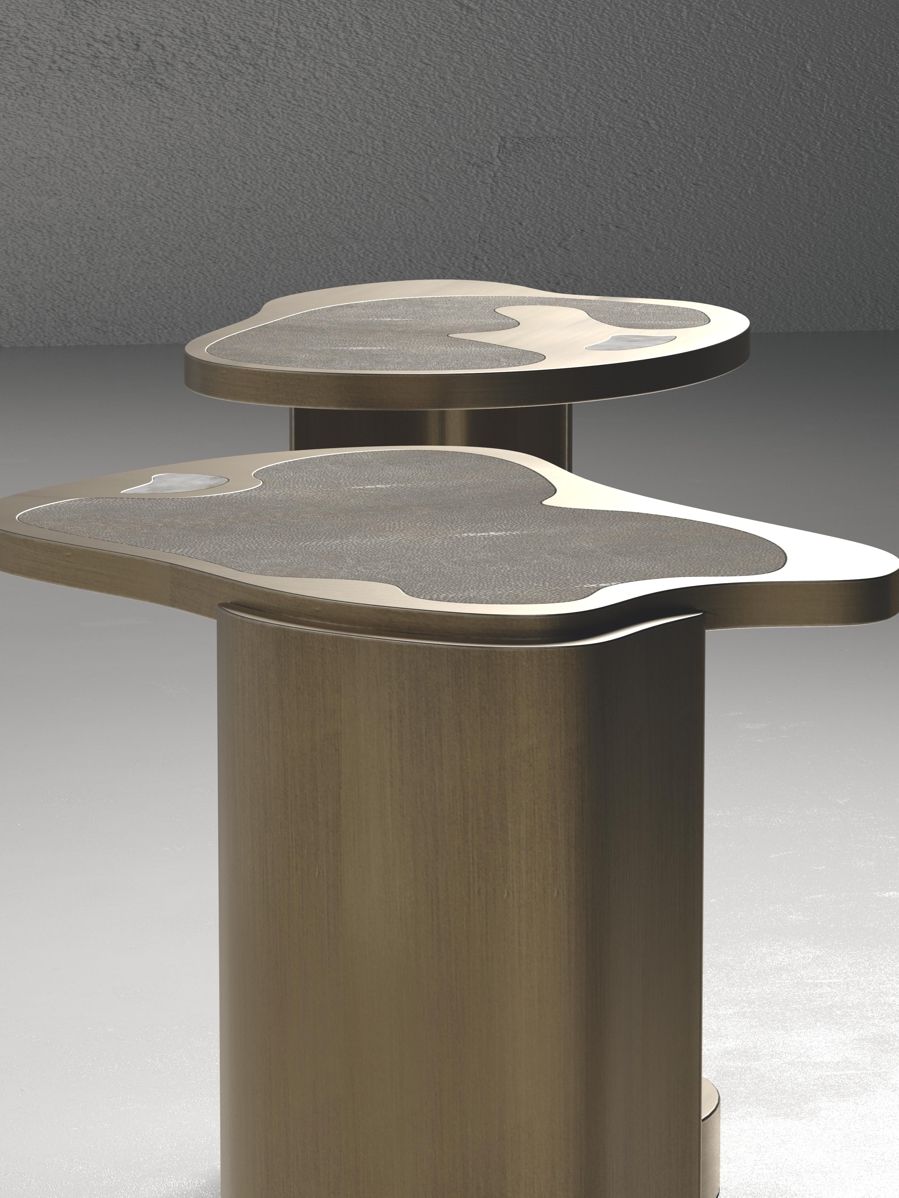 Inlay Shagreen Nesting Side Tables with Bronze Patina Brass Details by Kifu Paris For Sale