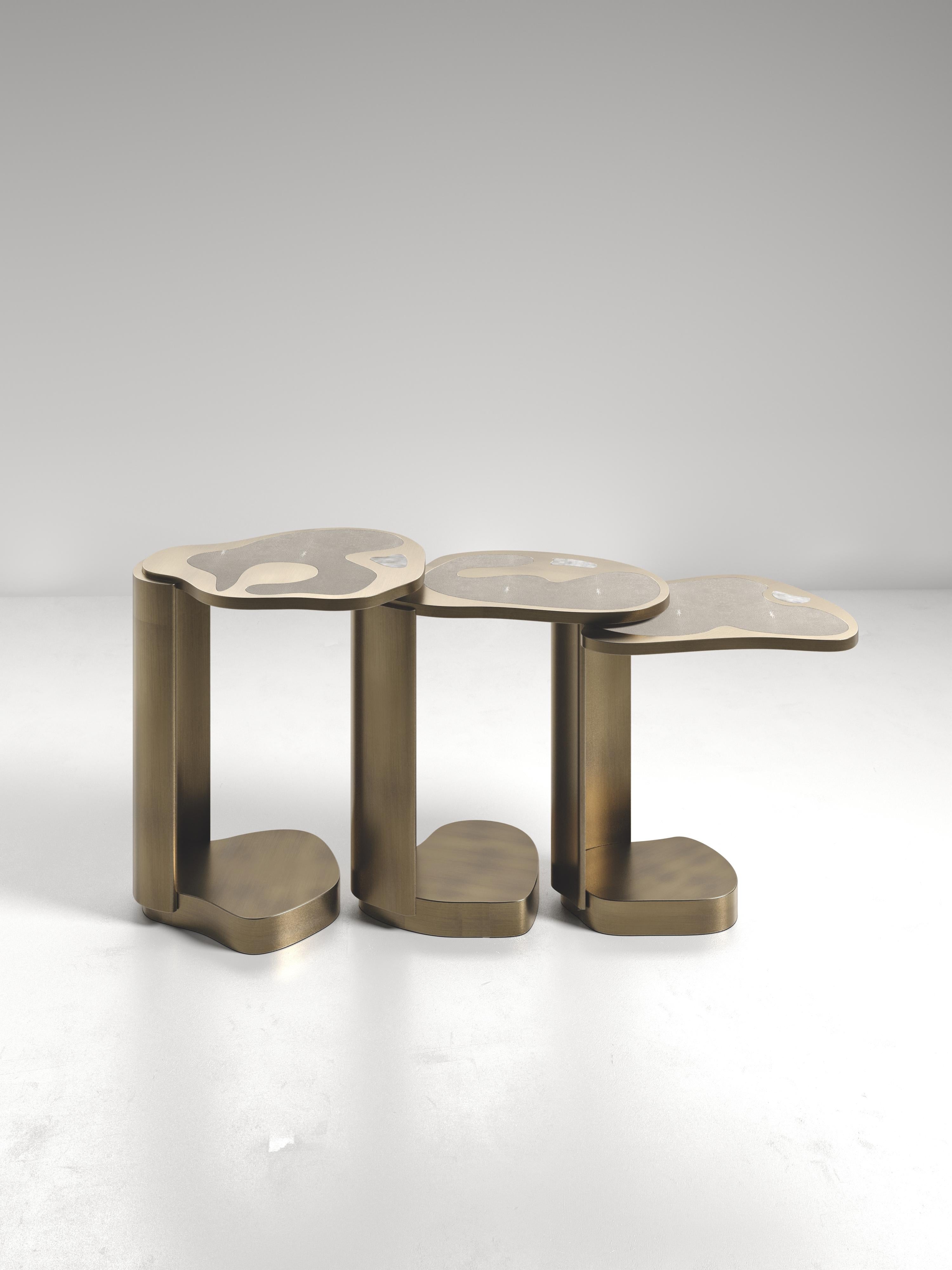 Contemporary Shagreen Nesting Side Tables with Bronze Patina Brass Details by Kifu Paris For Sale