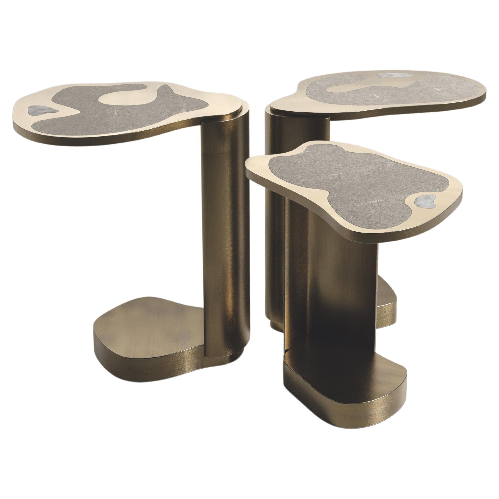 Shagreen Nesting Side Tables with Bronze Patina Brass Details by Kifu Paris