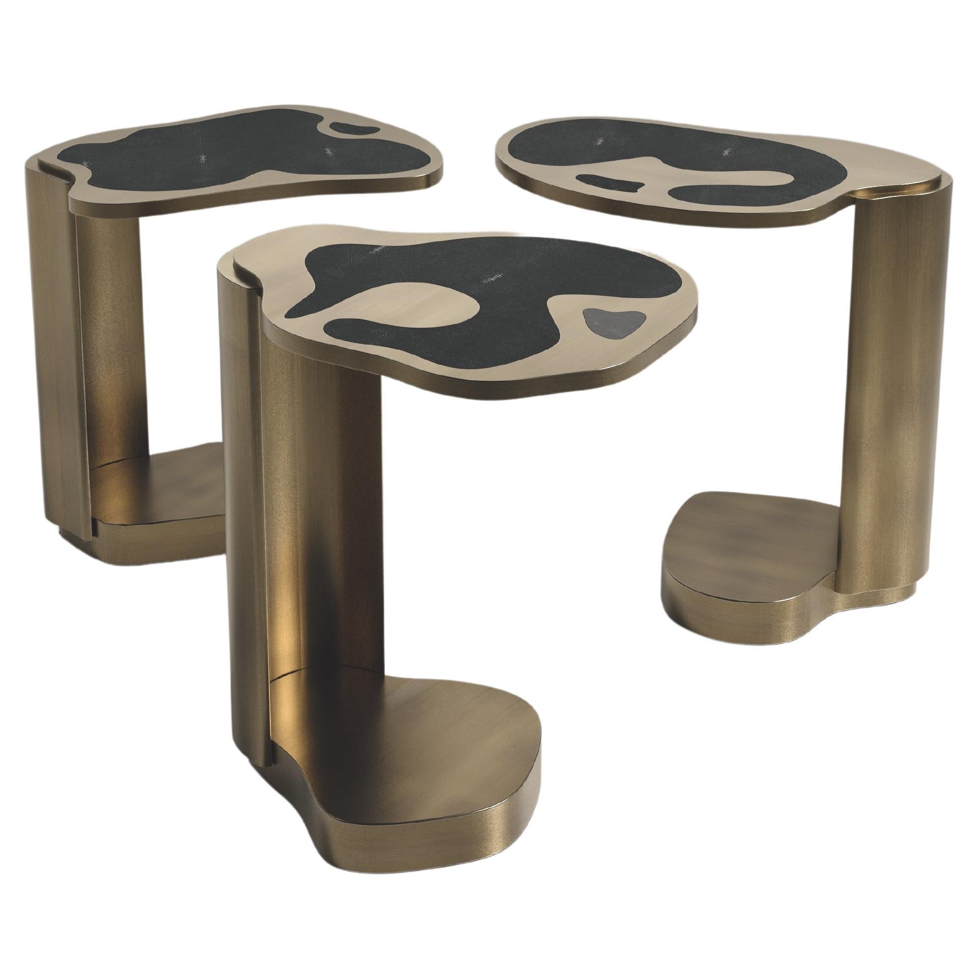 Shagreen Nesting Side Tables with Bronze Patina Brass Details by Kifu Paris