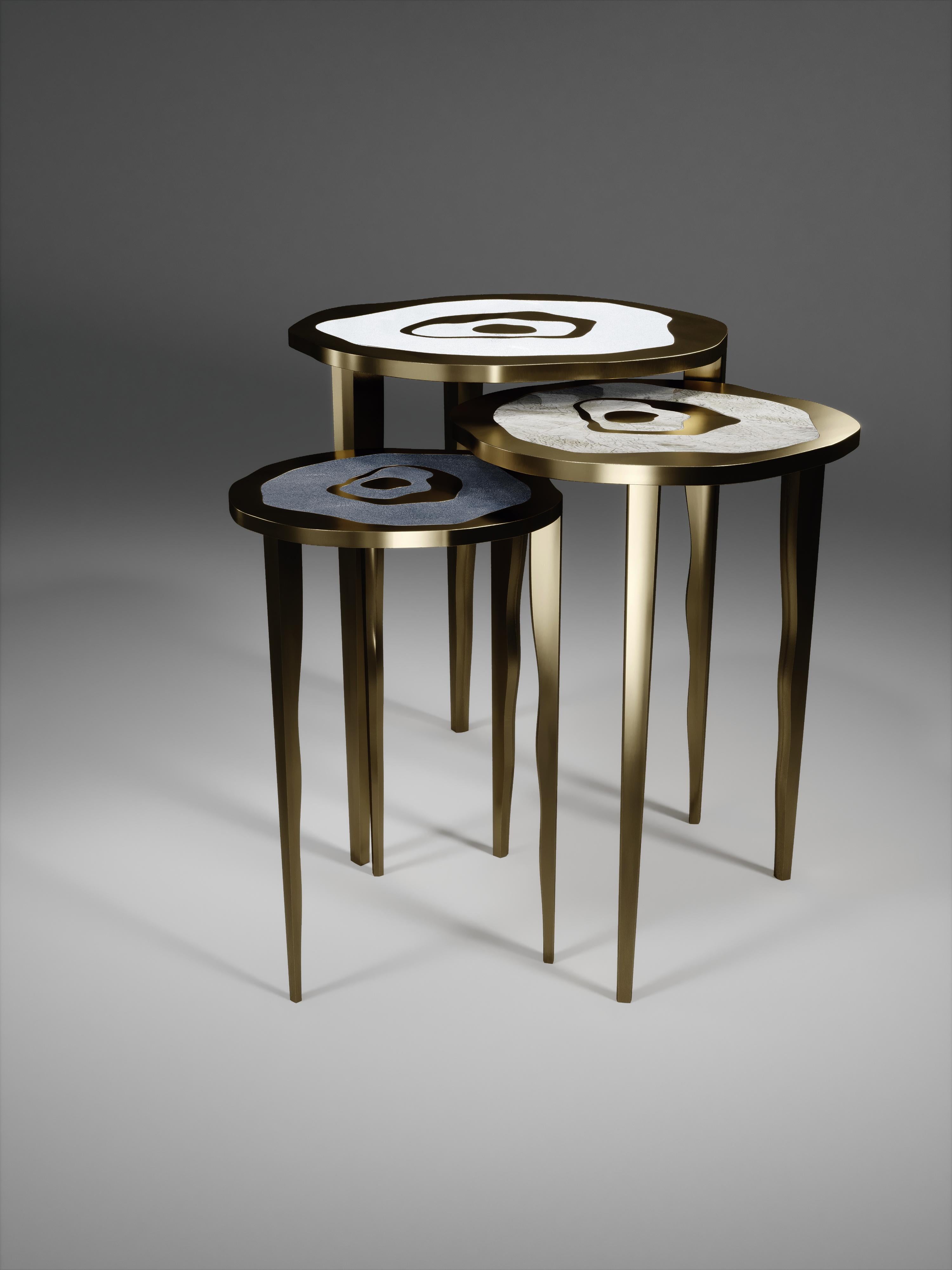 Shagreen Nesting Side Tables with Quartz and Bronze-Patina Brass by R&Y Augousti For Sale 4