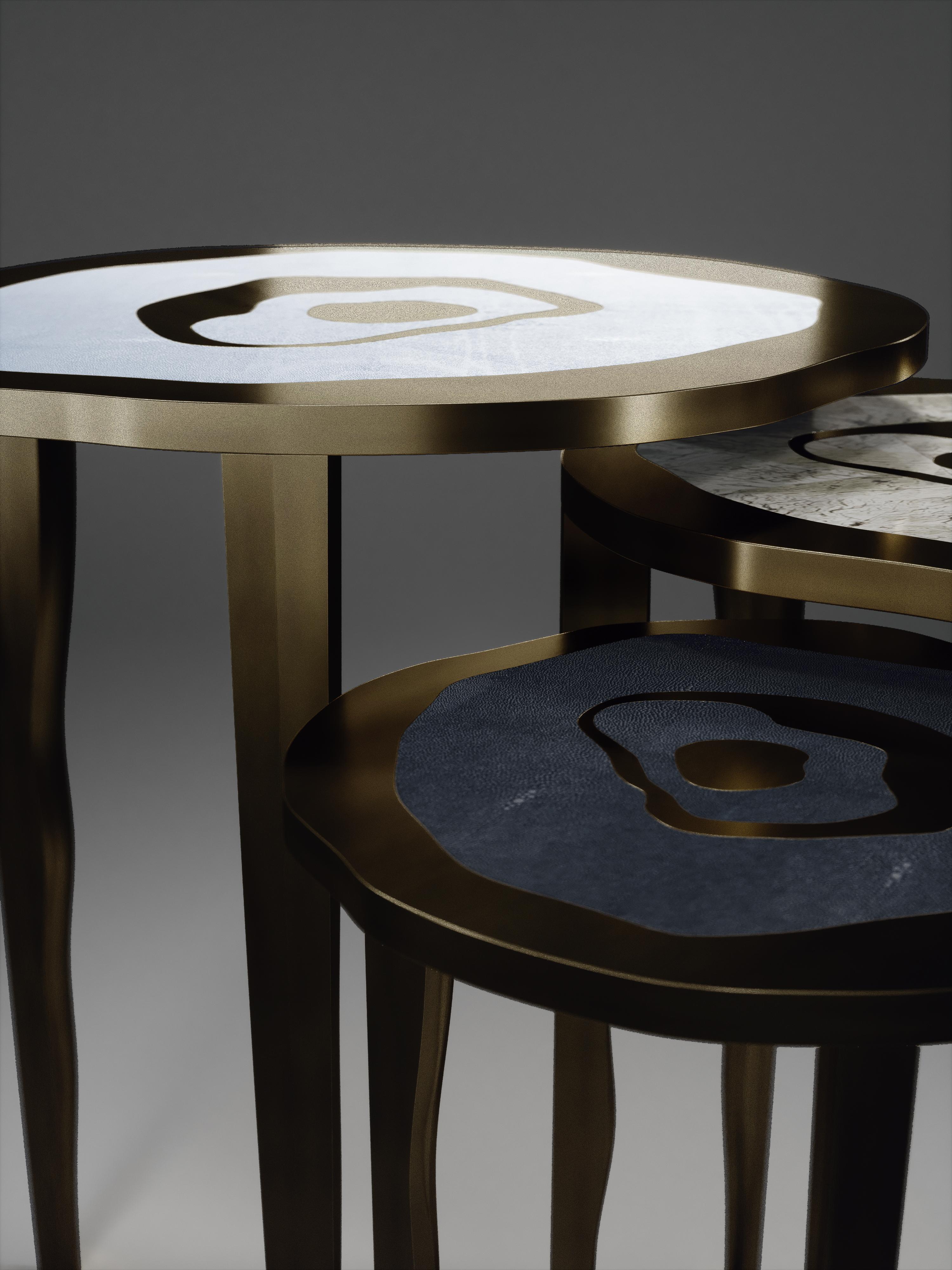 Shagreen Nesting Side Tables with Quartz and Bronze-Patina Brass by R&Y Augousti For Sale 5