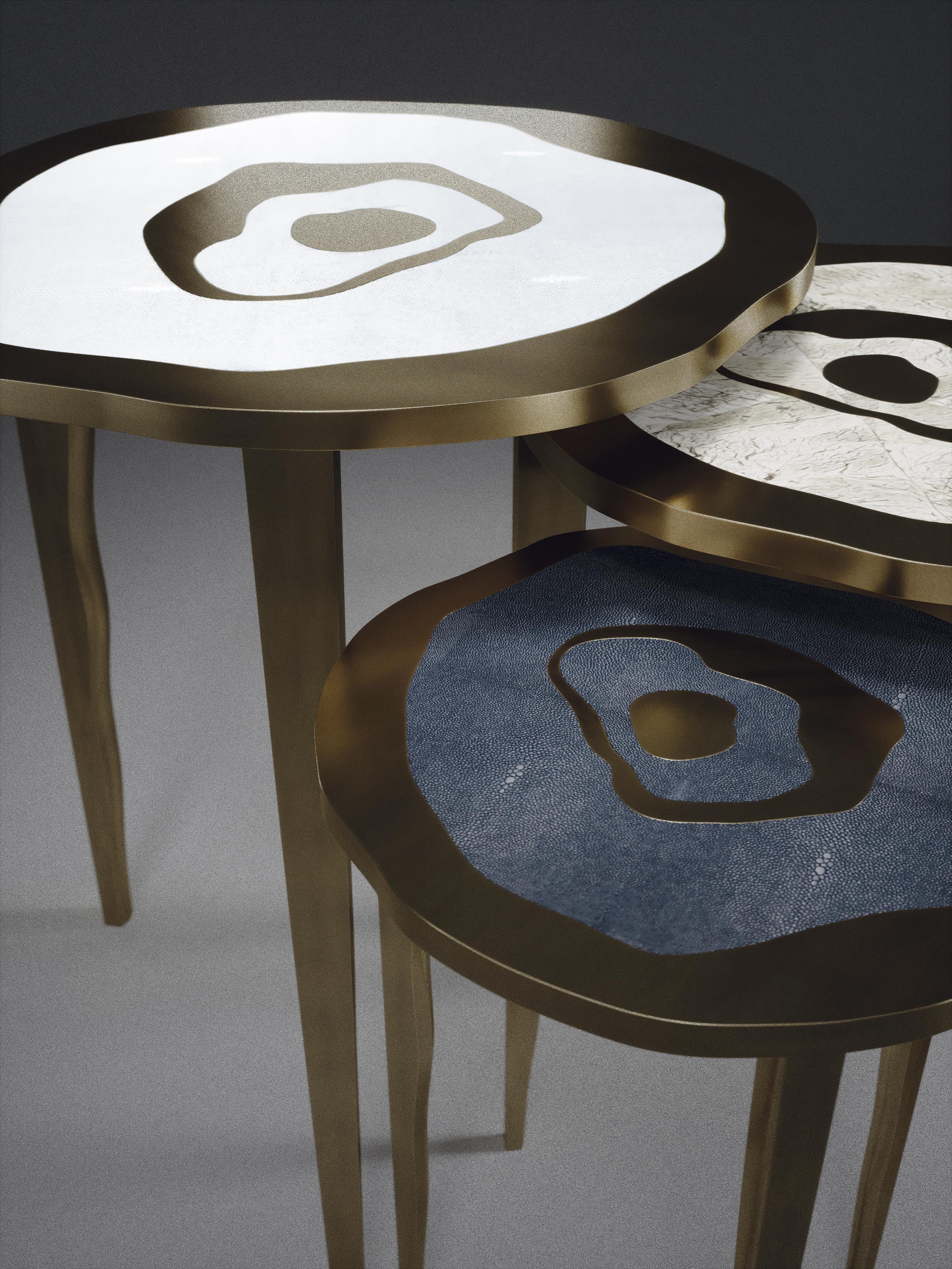 Shagreen Nesting Side Tables with Quartz and Bronze-Patina Brass by R&Y Augousti For Sale 7