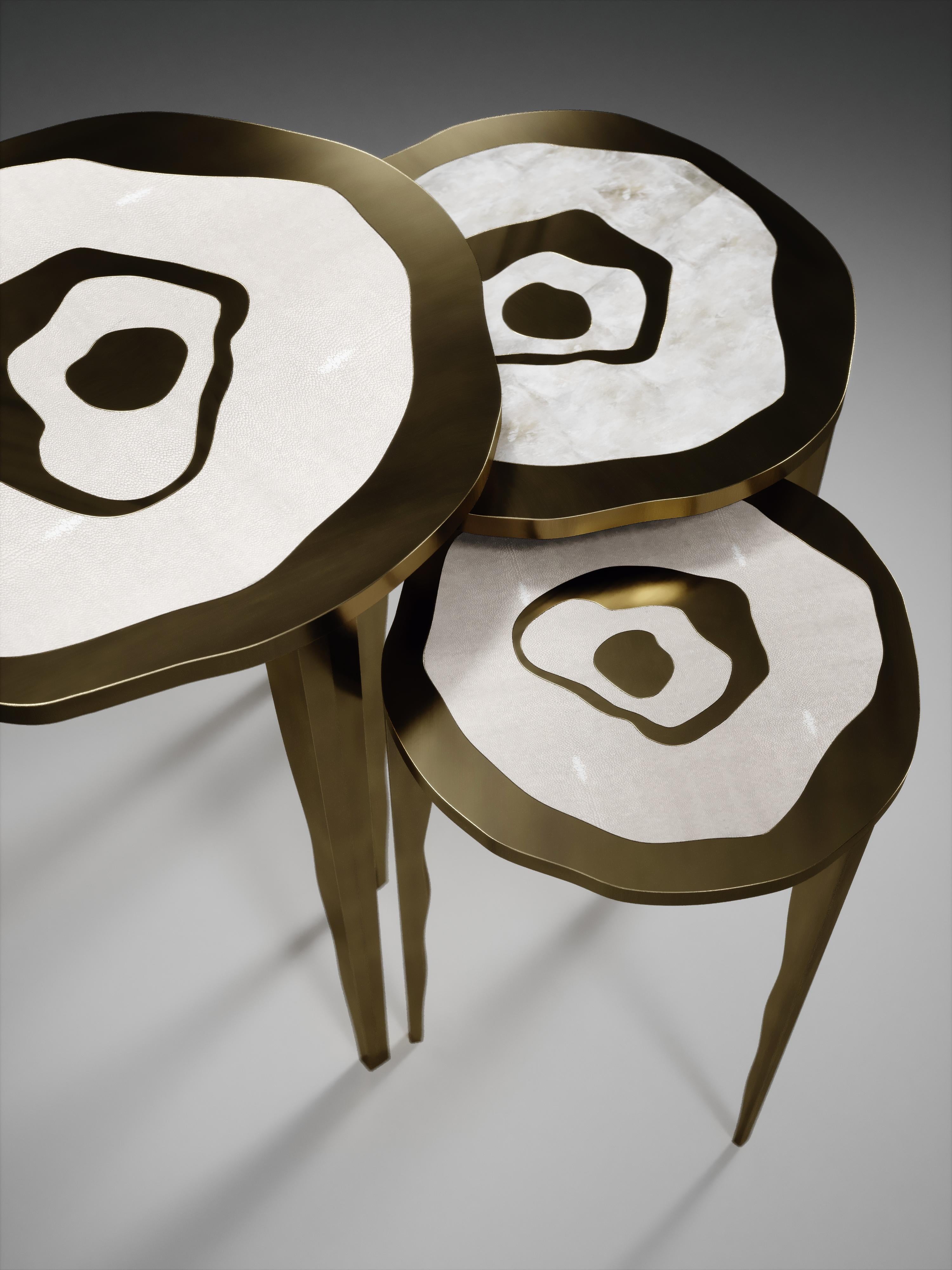 Contemporary Shagreen Nesting Side Tables with Quartz and Bronze-Patina Brass by R&Y Augousti For Sale