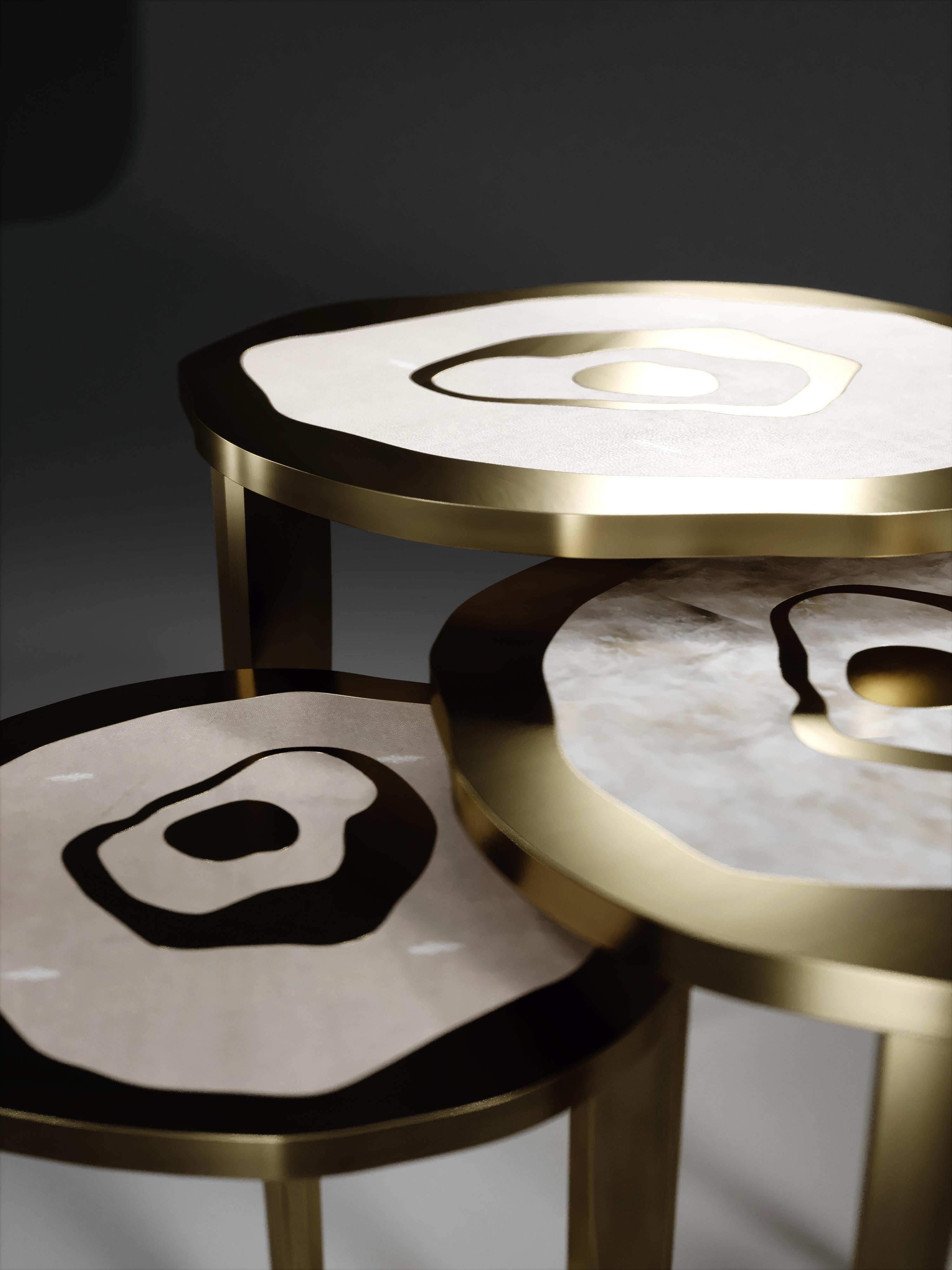 Shagreen Nesting Side Tables with Quartz and Bronze-Patina Brass by R&Y Augousti For Sale 1